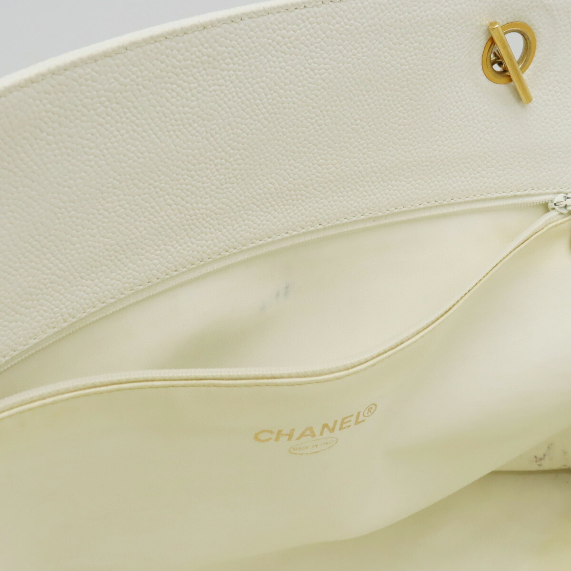 CHANEL Caviar Skin Coco Mark Chain Tote Bag Shoulder Leather White