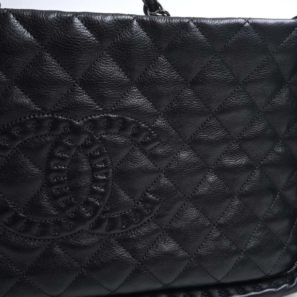 CHANEL Leather Matelasse Coco Mark Chain Tote Bag Black Ladies