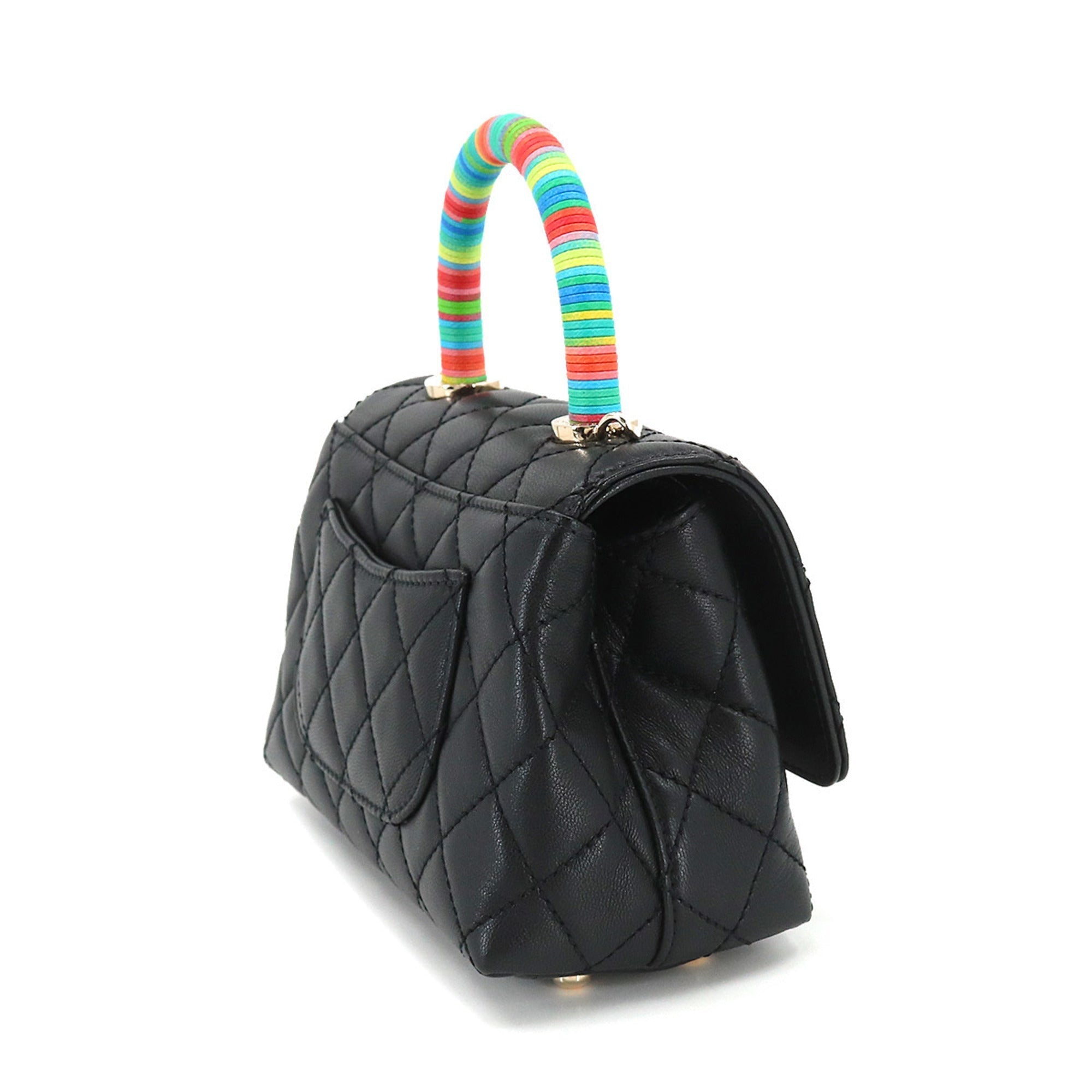 CHANEL here handle matelasse 2way hand shoulder bag leather black rainbow AS2215 Matelasse Bag