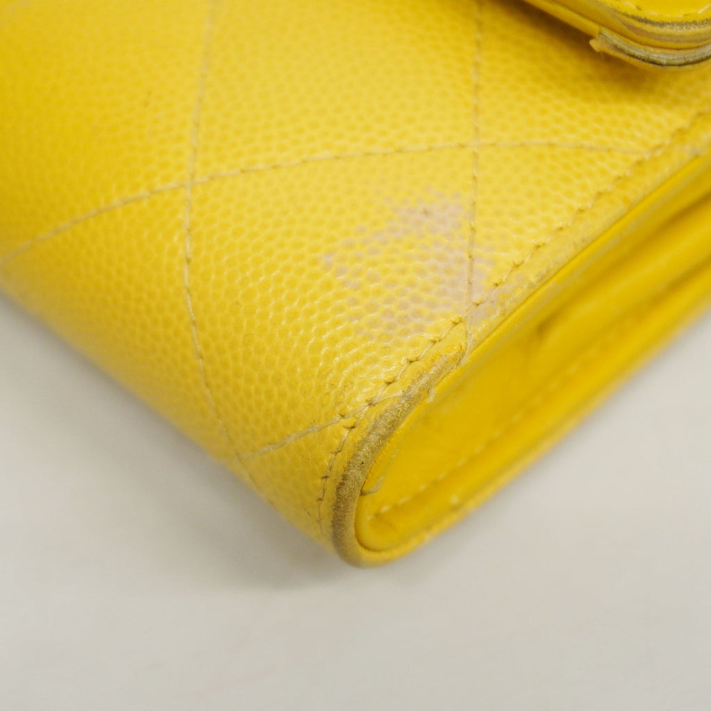 CHANELAuth  CC Filigree Gold Hardware Women's Caviar Leather Long Wallet Yellow