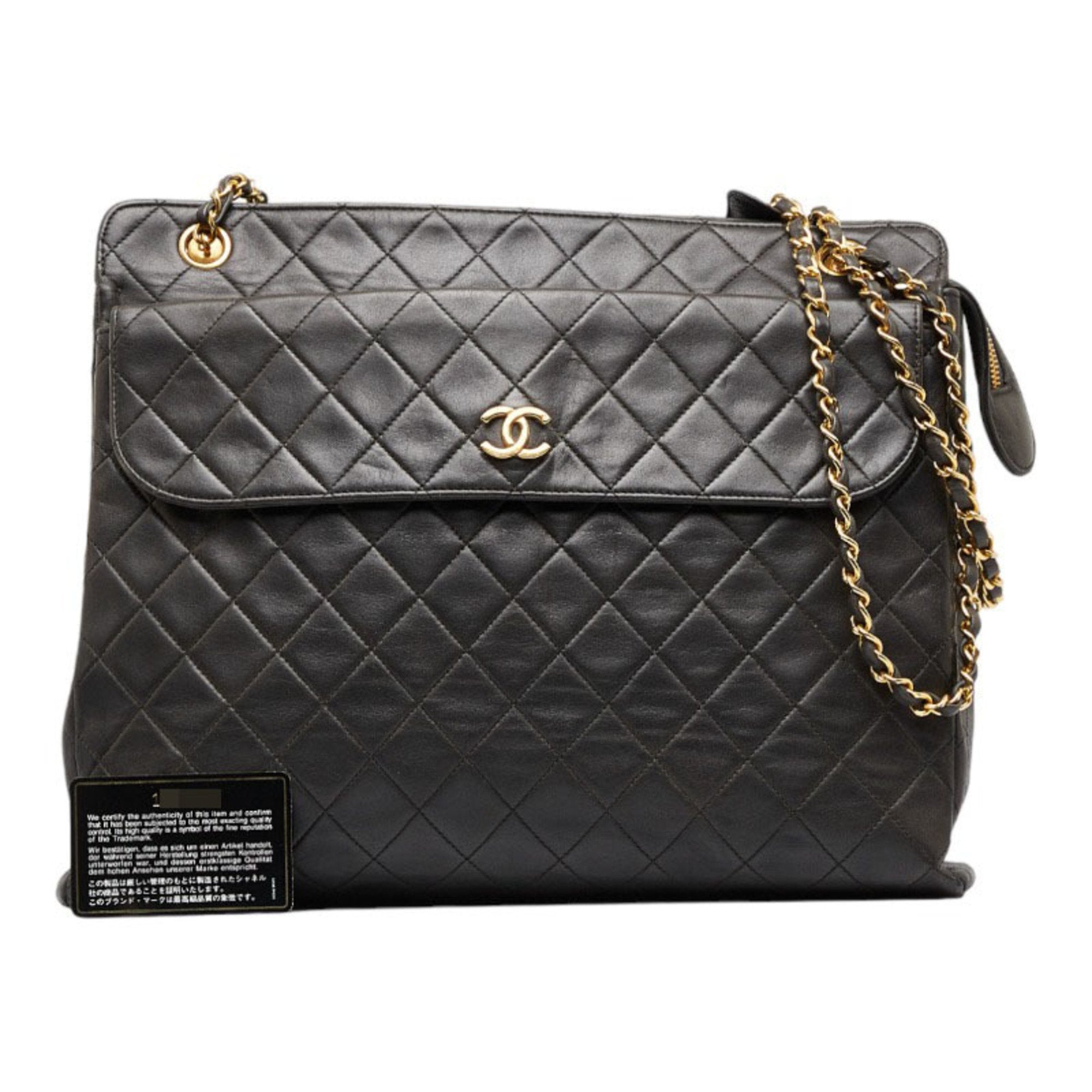 CHANEL matelasse here mark chain shoulder bag tote black gold lambskin ladies