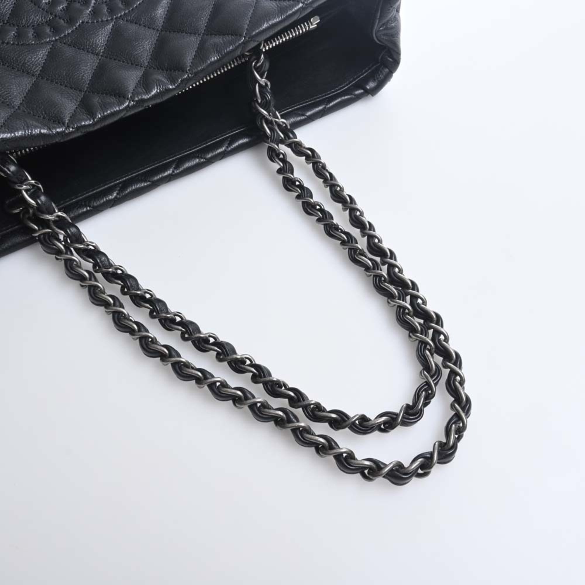 CHANEL Leather Matelasse Coco Mark Chain Tote Bag Black Ladies