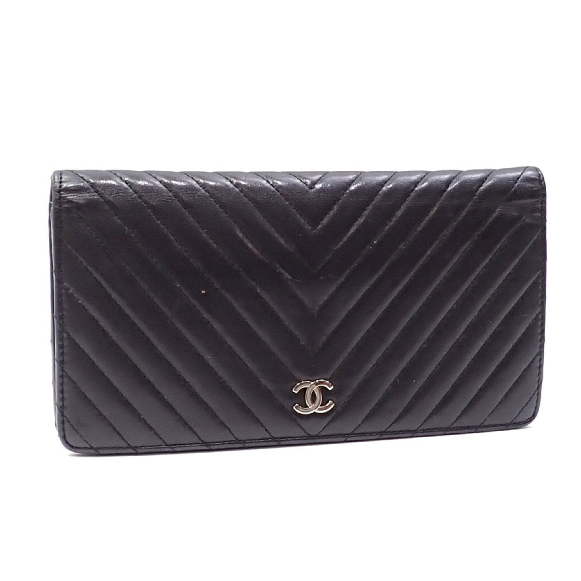 CHANEL Bifold Long Wallet V Stitch Women's Black Lambskin A31509 Coco Mark Leather