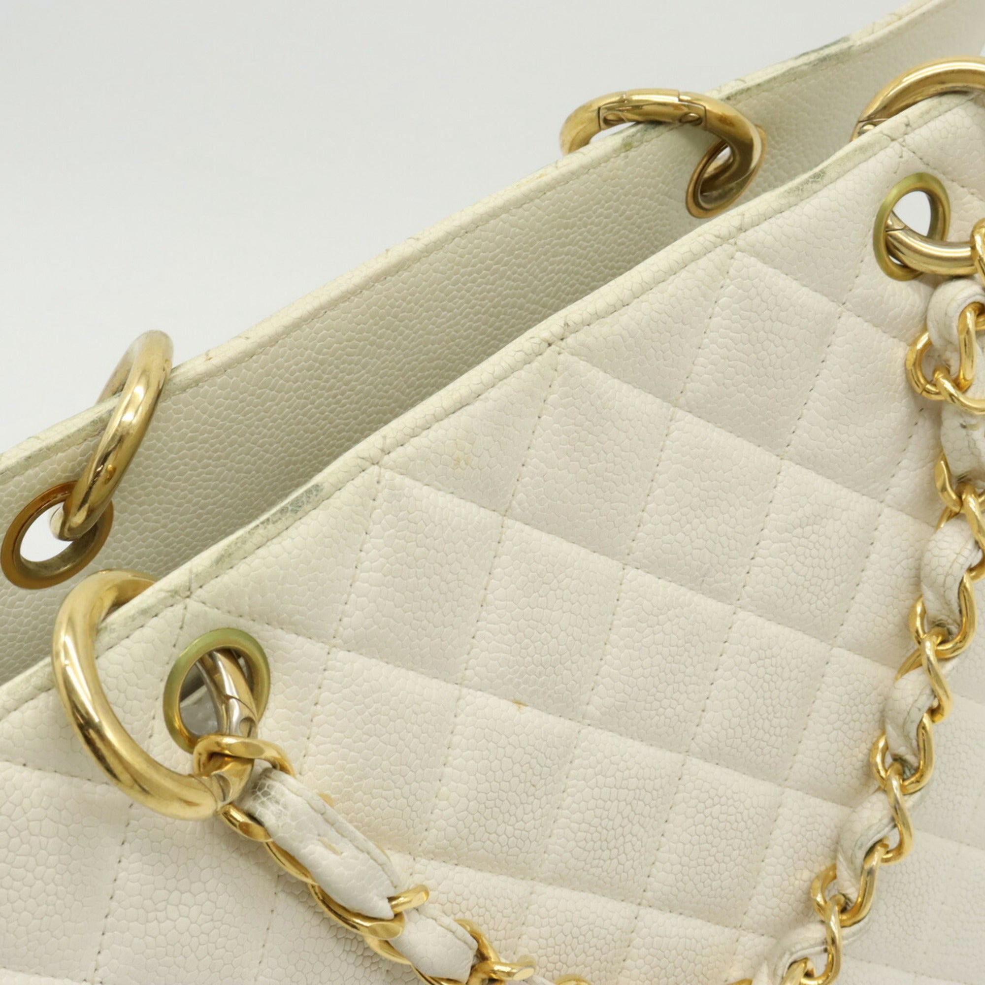 CHANEL Matelasse Coco Mark Chain Bag Tote Handbag Caviar Skin Leather White