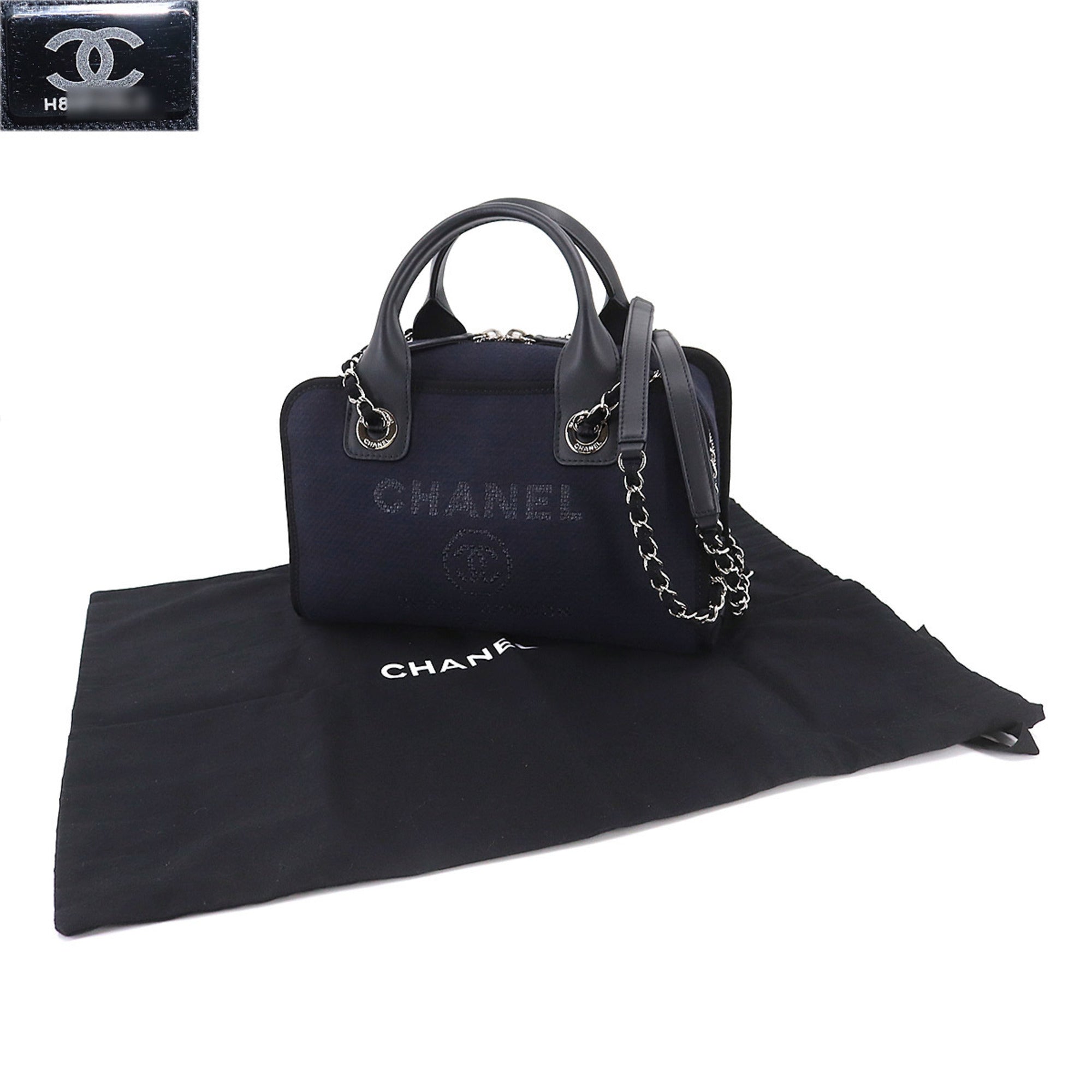 CHANEL Deauville Bowling 2way Hand Chain Shoulder Bag Canvas Leather Navy A92749