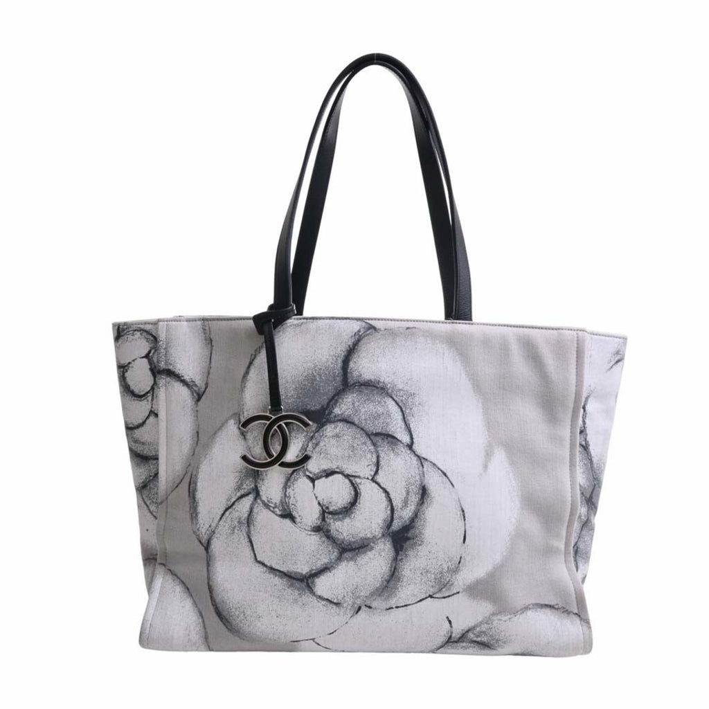 CHANEL Canvas Camellia Tote Bag Black/Gray/White Women's