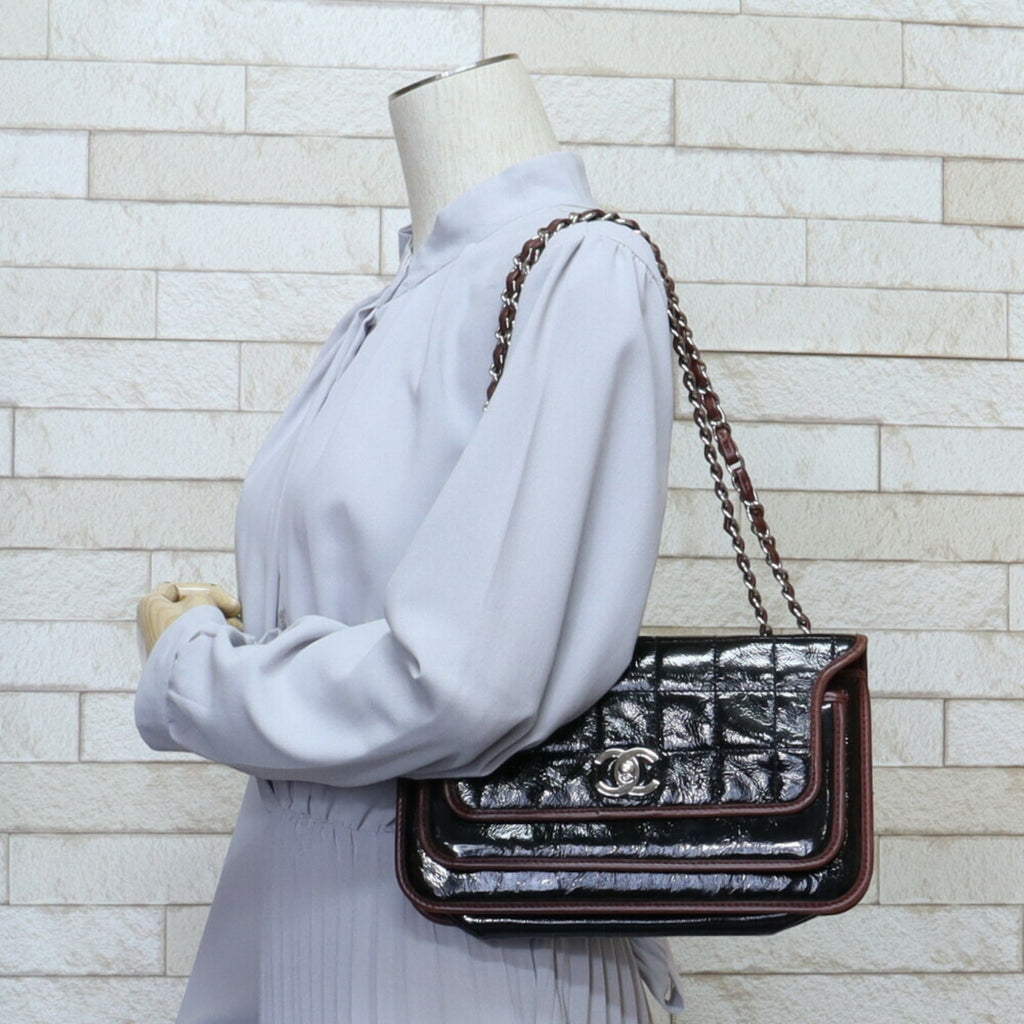 CHANEL chain shoulder chocolate bar bag patent leather black ladies