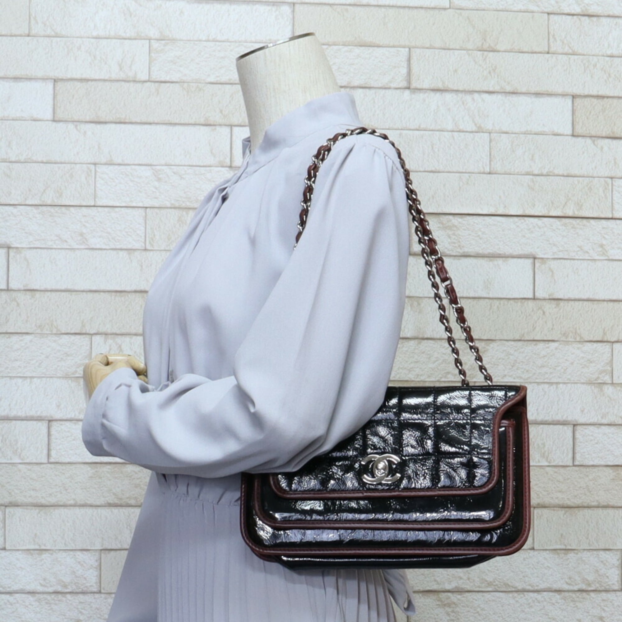 CHANEL chain shoulder chocolate bar bag patent leather black ladies