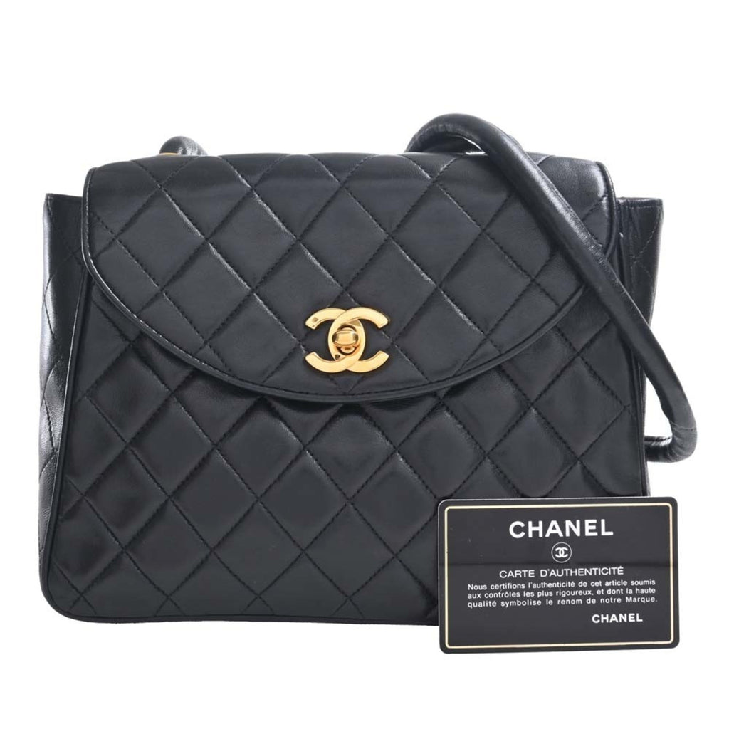 CHANEL Lambskin Matelasse Coco Mark Turnlock Shoulder Bag Black Ladies