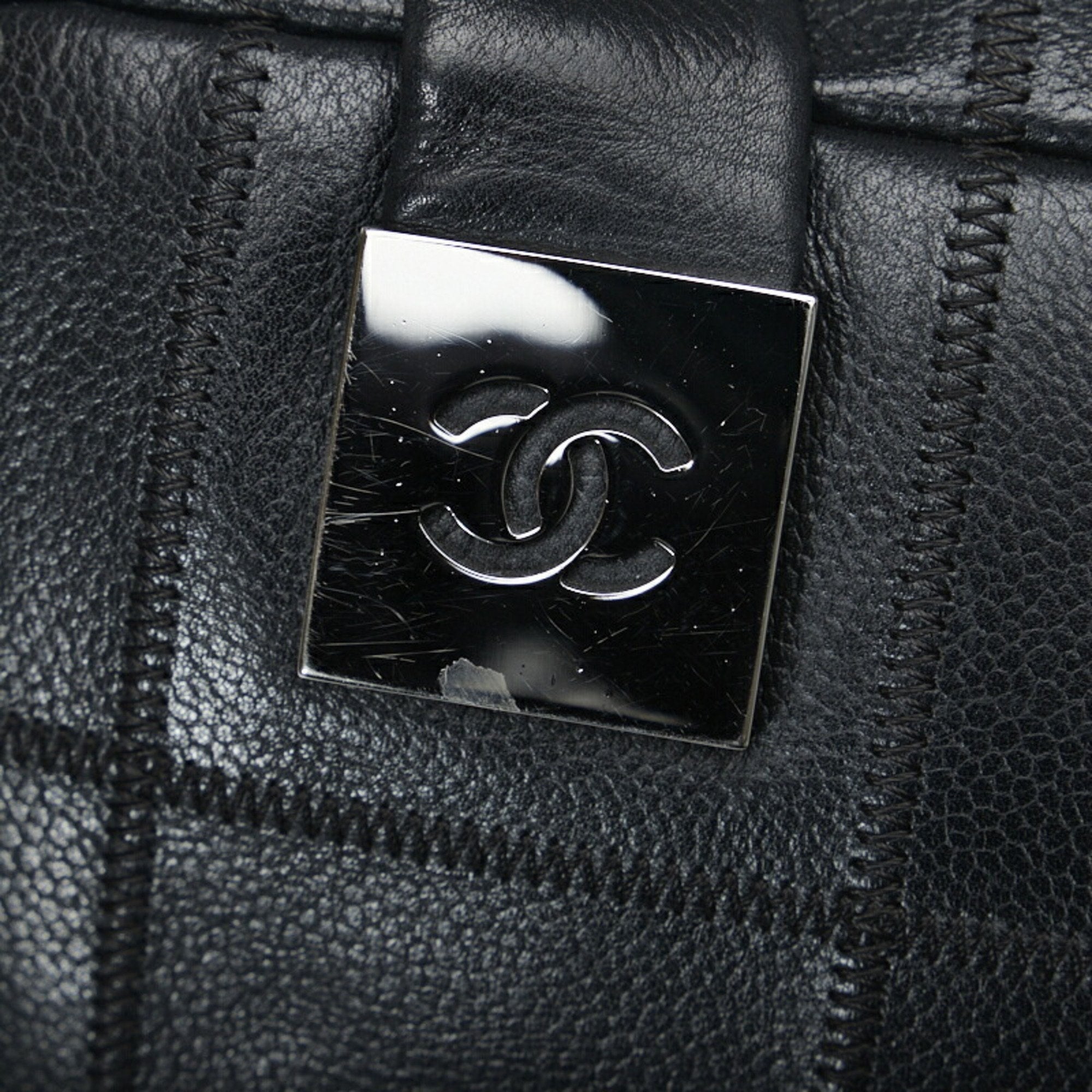 CHANEL Chocolate Bar Handbag Boston Bag Black Caviar Skin Ladies