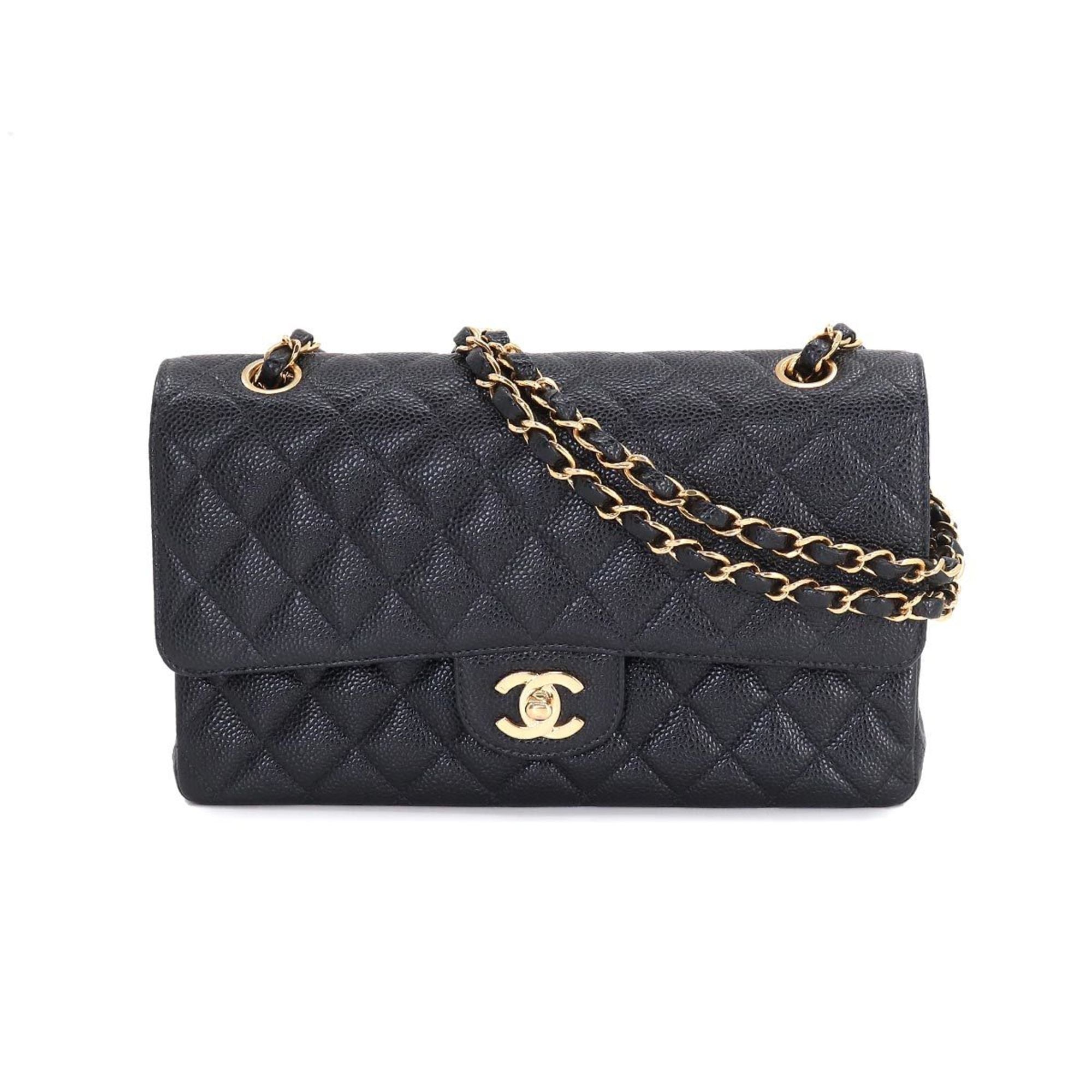CHANEL Matelasse 25 Chain Shoulder Bag Caviar Skin Black A01112 Gold Hardware Coco Mark Vintage