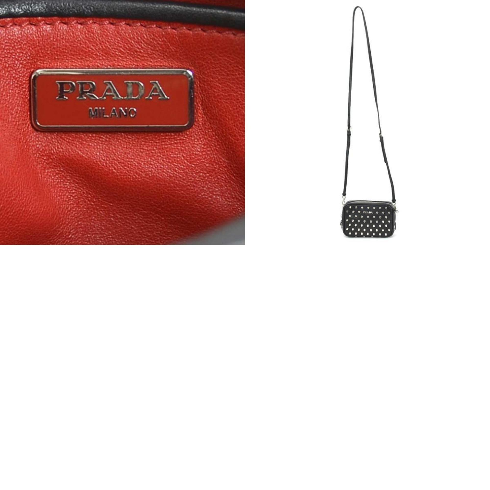 PRADA Crossbody Shoulder Bag Studded Leather/Metal Black/Silver Unisex