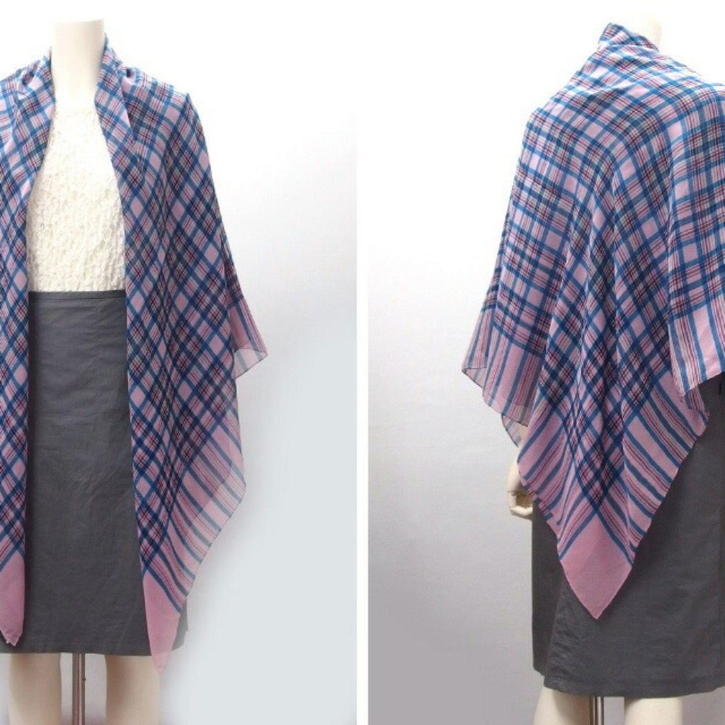 CHANEL Check Pattern Chiffon Large Stole Pink Multicolor