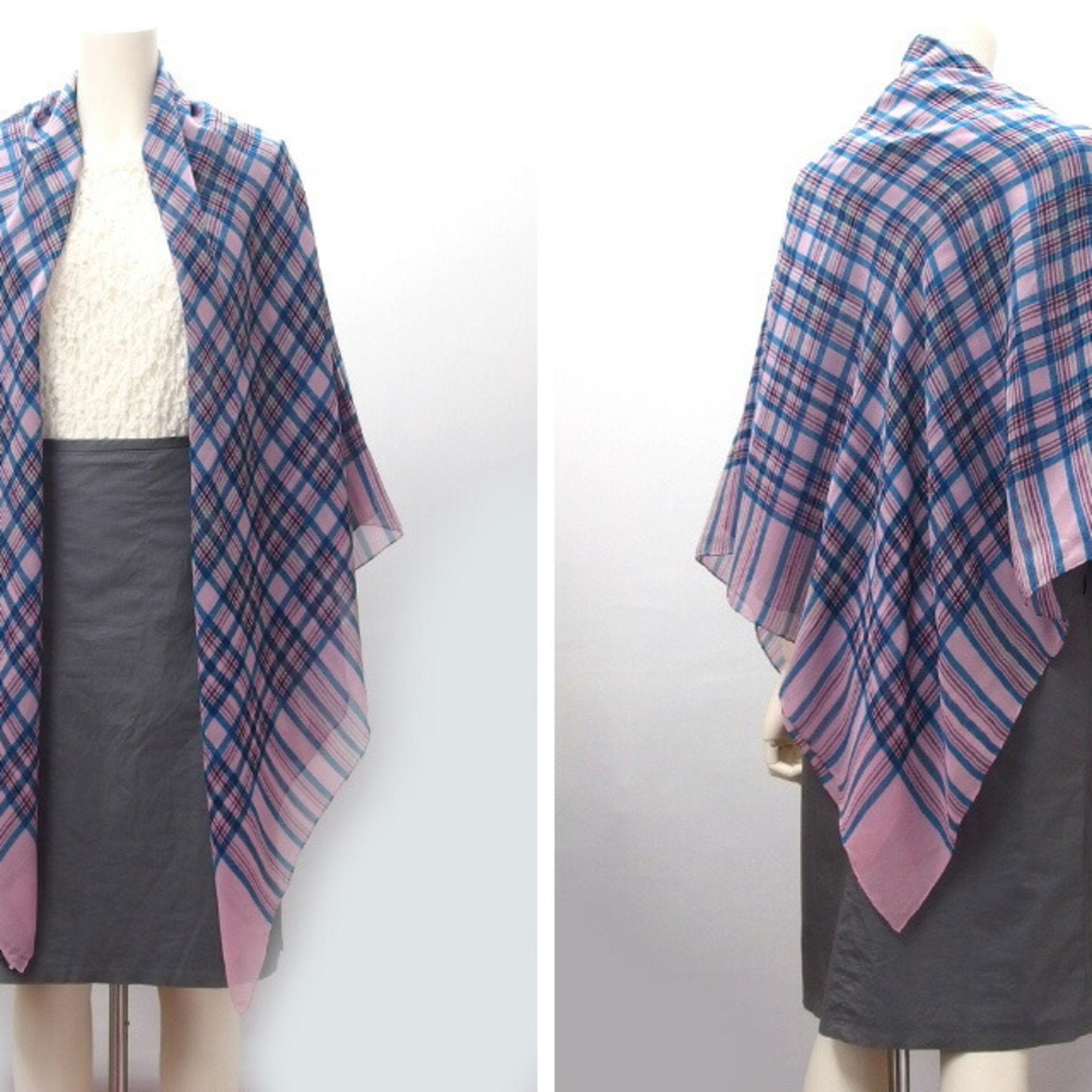 CHANEL Check Pattern Chiffon Large Stole Pink Multicolor