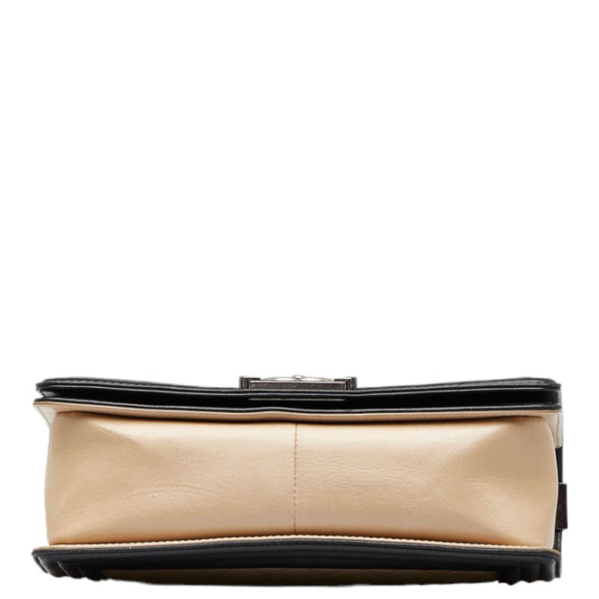 CHANEL Boy Coco Mark Bicolor Chain Shoulder Bag Beige Black Lambskin Ladies
