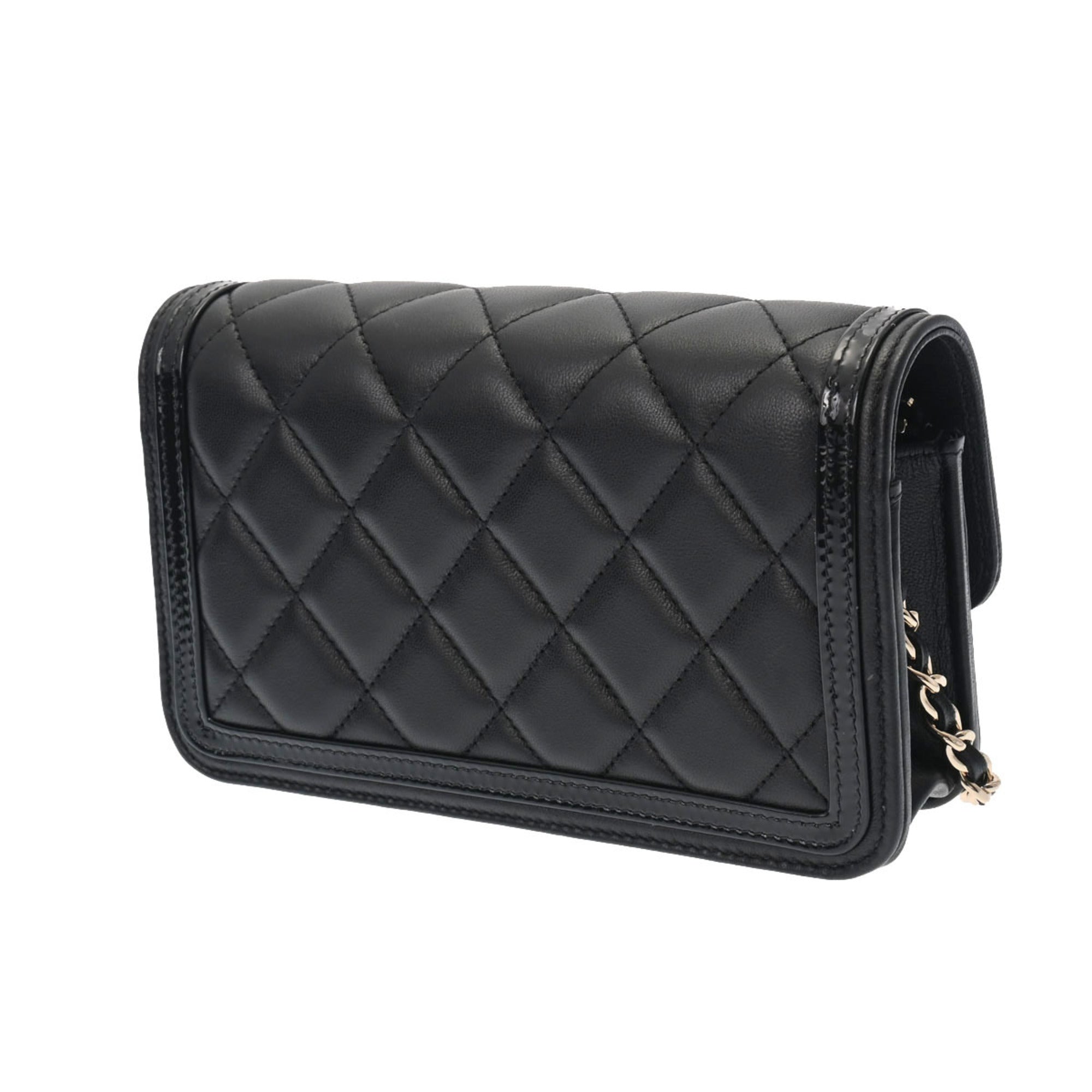 CHANEL Matelasse Phone Case Black AP3559 Ladies Lambskin Enamel Shoulder Bag
