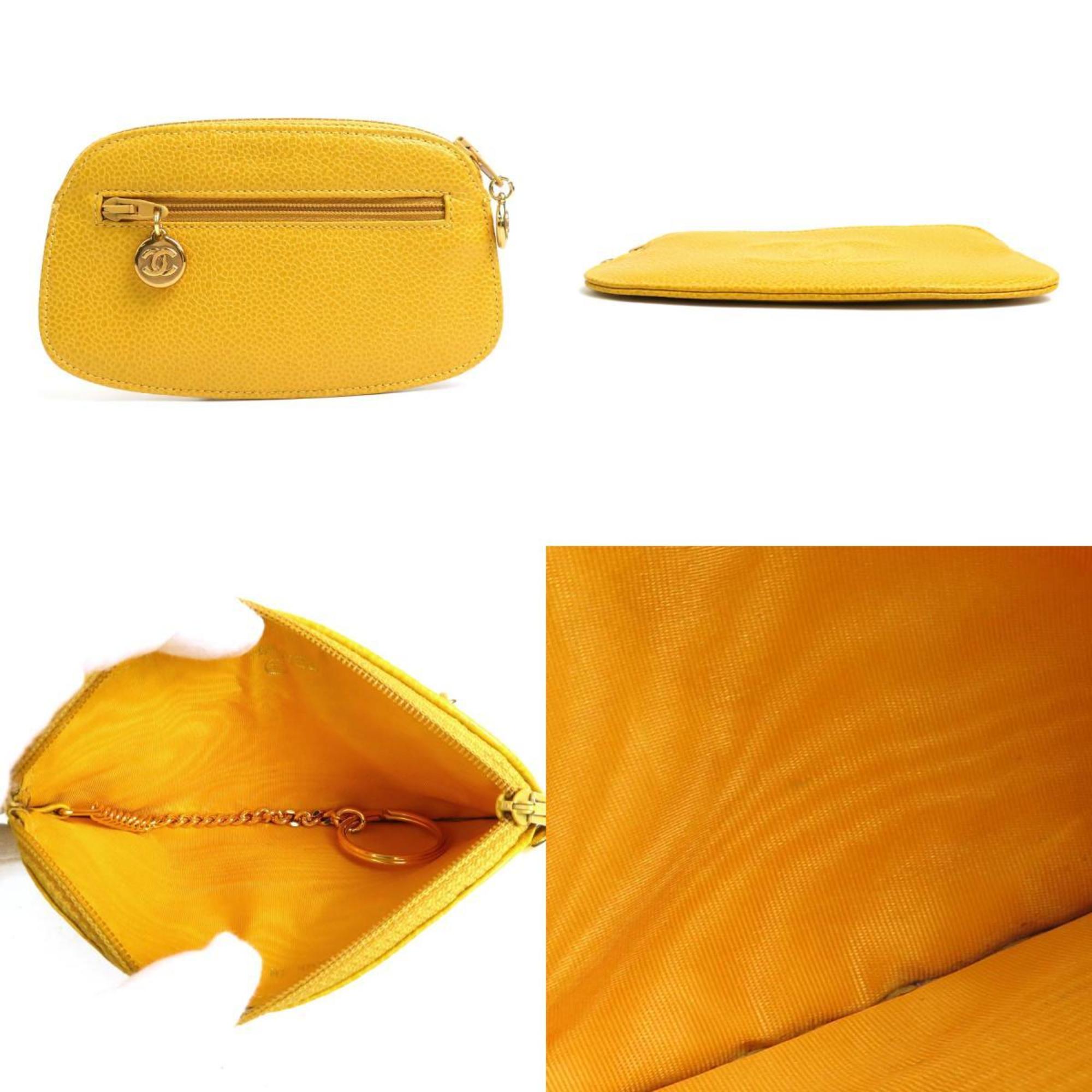 CHANEL Accessory Pouch Coco Mark Caviar Skin Leather Yellow Ladies