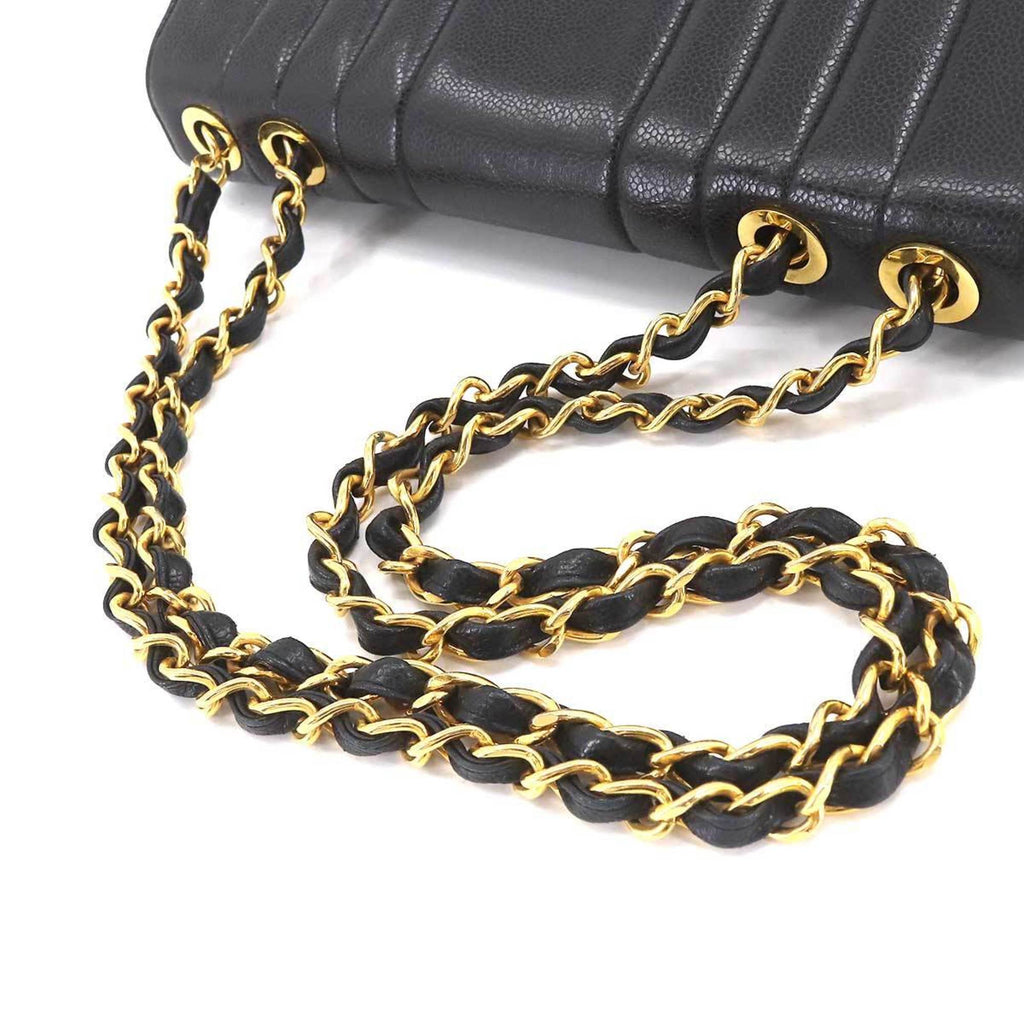 CHANEL Mademoiselle Chain Shoulder Bag Caviar Skin Black Coco Mark Gold Hardware Vintage