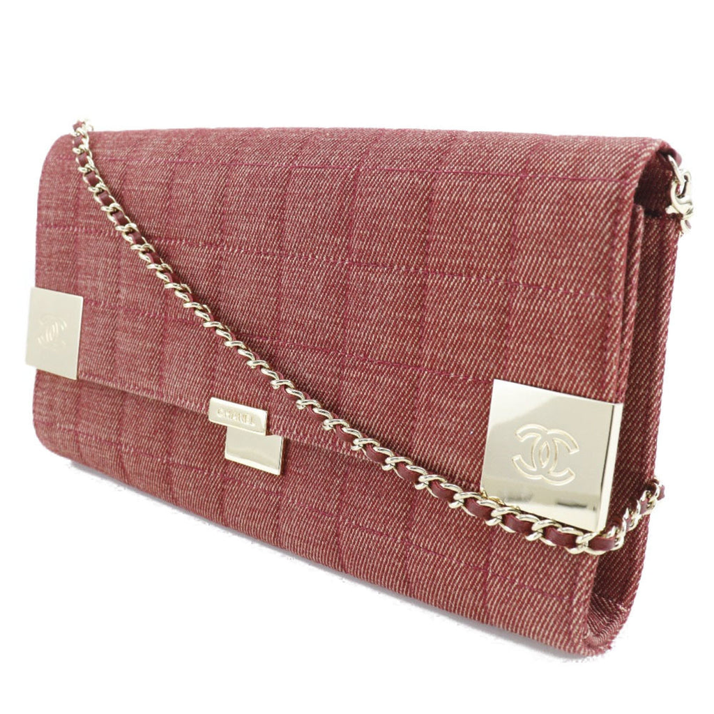 CHANEL chain shoulder chocolate bar line cotton canvas red ladies bag