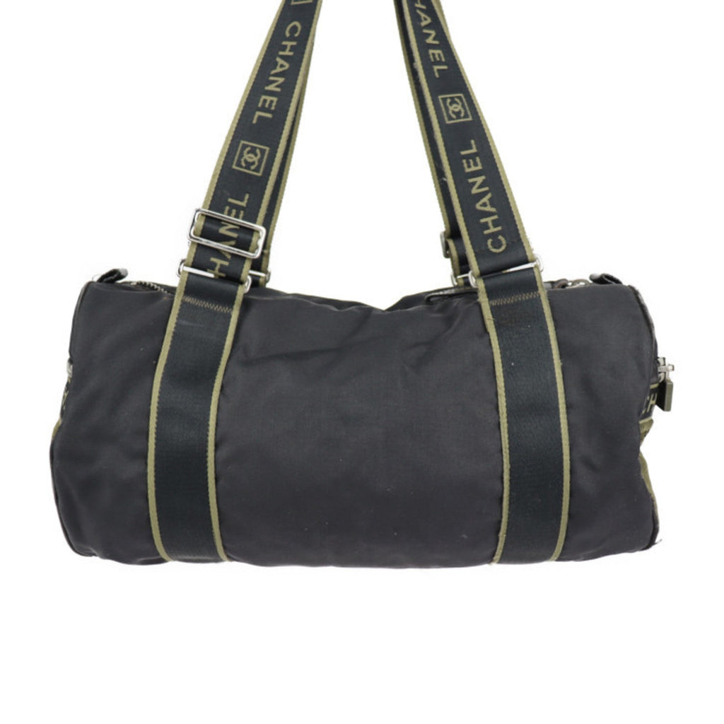 CHANEL Sport Line Boston Bag Nylon Canvas Black Khaki Green Shoulder Travel Cocomark 10 Series Round Cylindrical