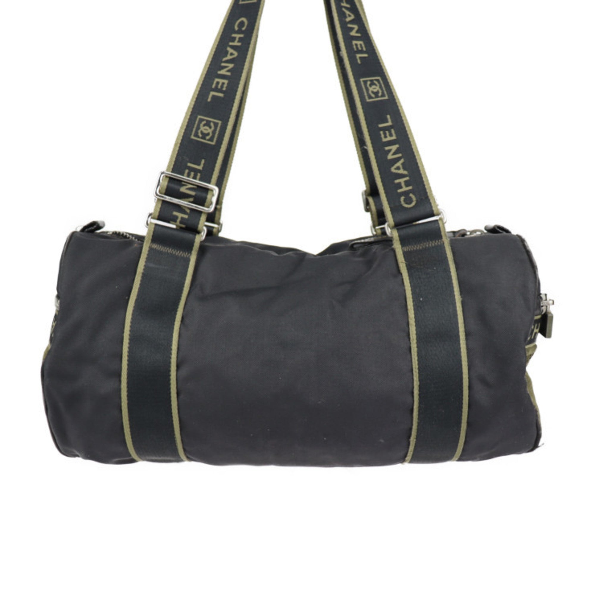 CHANEL Sport Line Boston Bag Nylon Canvas Black Khaki Green Shoulder Travel Cocomark 10 Series Round Cylindrical