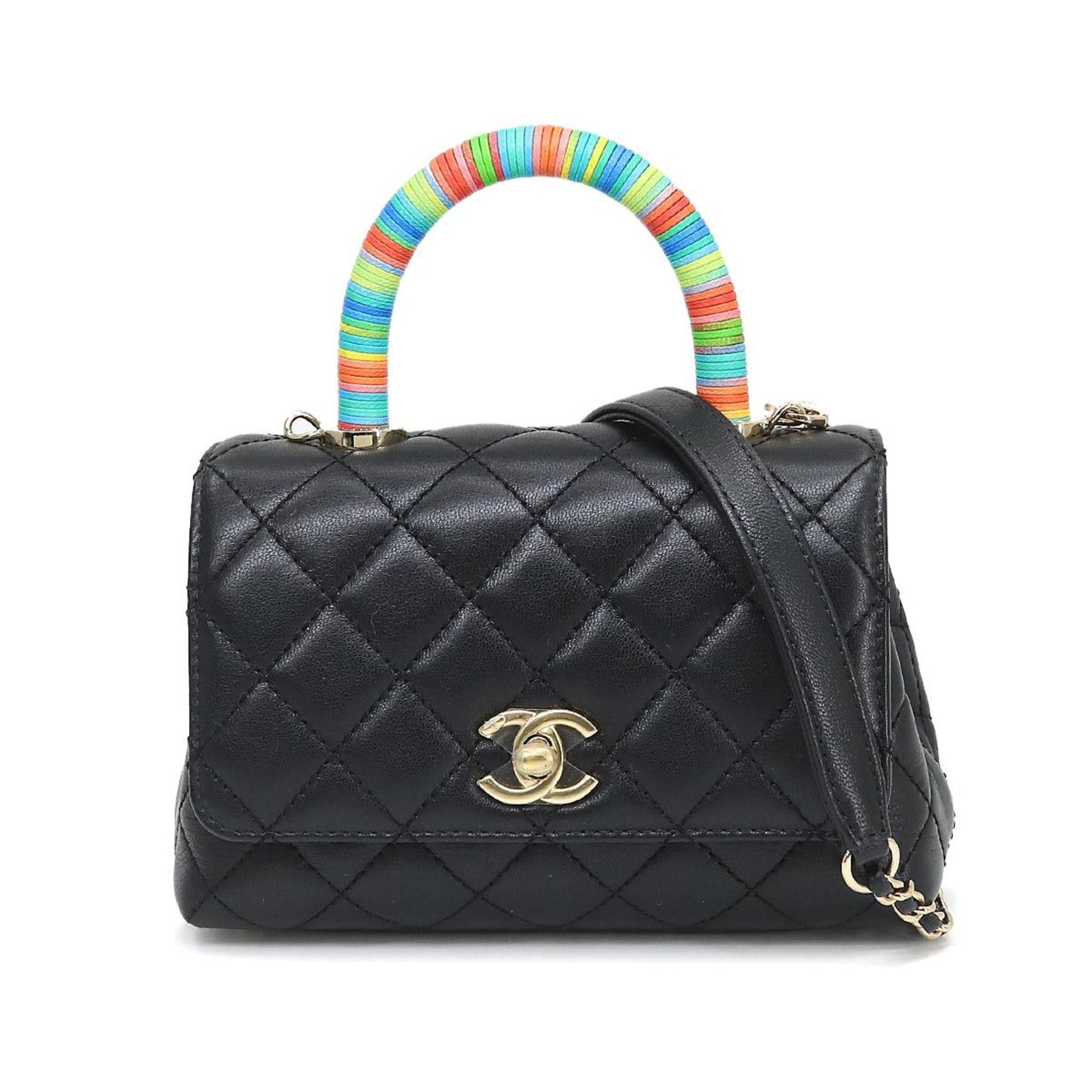 CHANEL here handle matelasse 2way hand shoulder bag leather black rainbow AS2215 Matelasse Bag