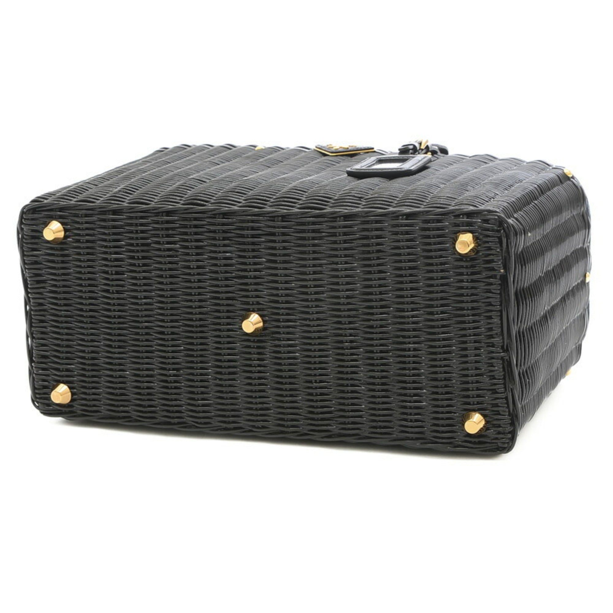 PRADA Basket Bag 2Way Rattan/Canvas Black/Navy BN2834