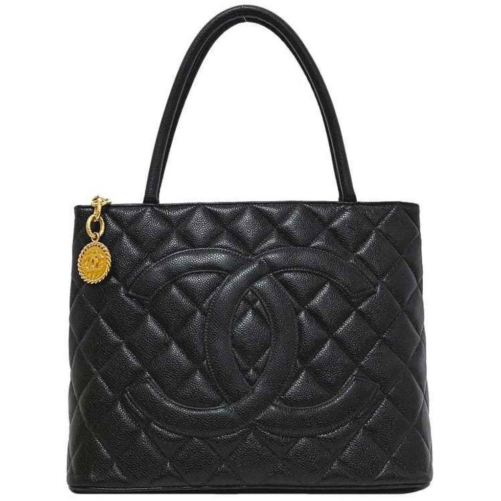 CHANEL reprint tote black gold A01804 bag leather caviar skin No. 5  coco mark quilting stitch