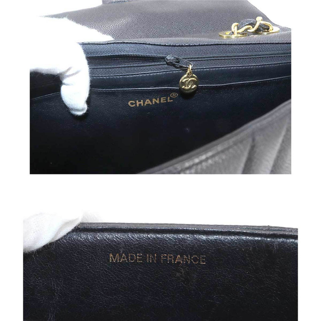CHANEL Mademoiselle Chain Shoulder Bag Caviar Skin Black Coco Mark Gold Hardware Vintage