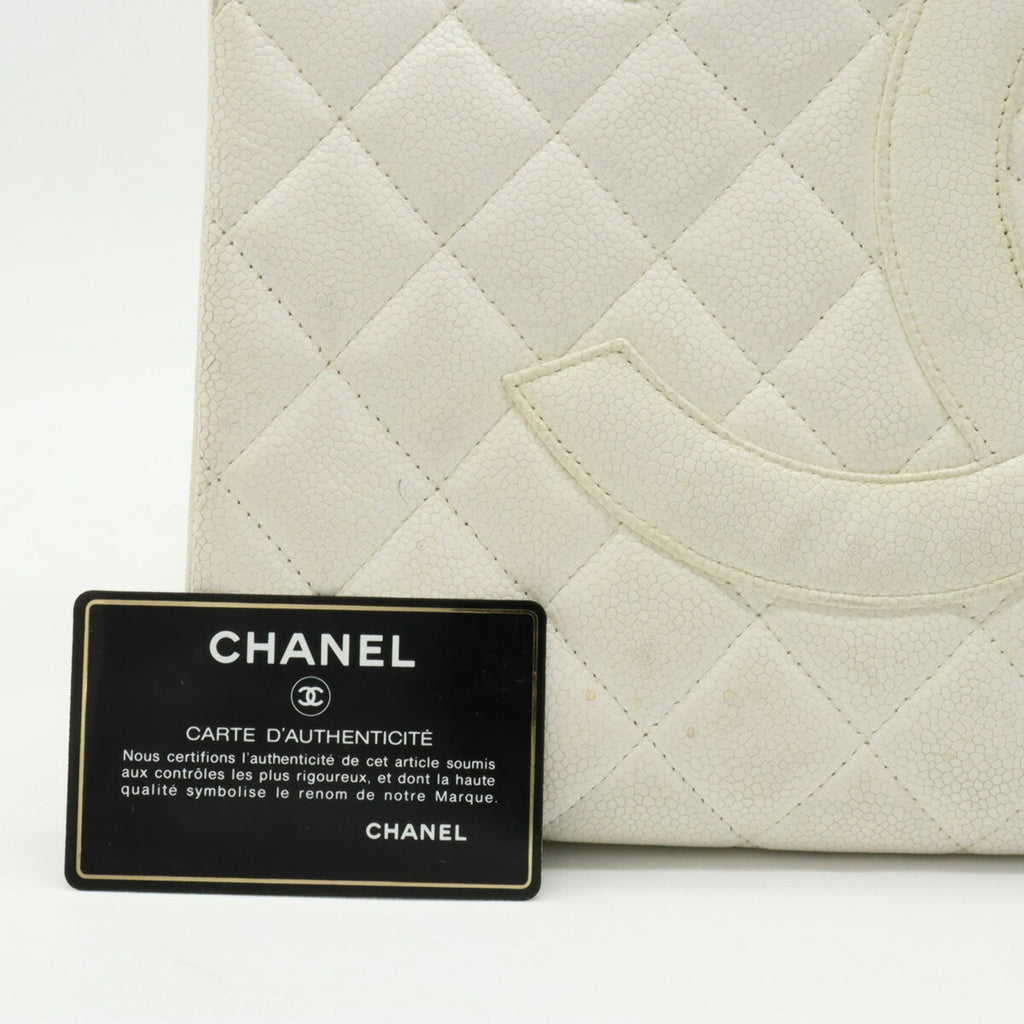 CHANEL Matelasse Coco Mark Chain Bag Tote Handbag Caviar Skin Leather White