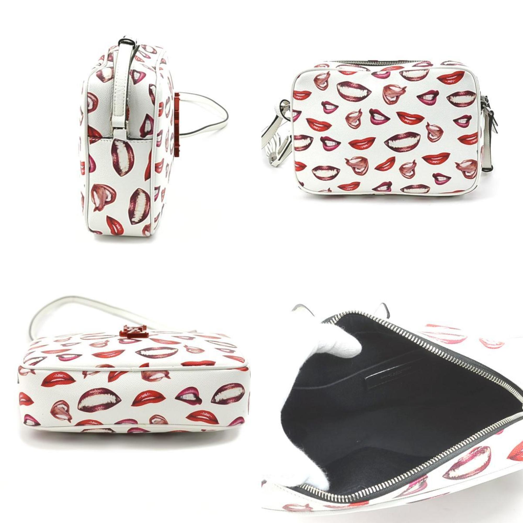 SAINT LAURENT Crossbody Shoulder Bag Leather White/Red/Pink Women's
