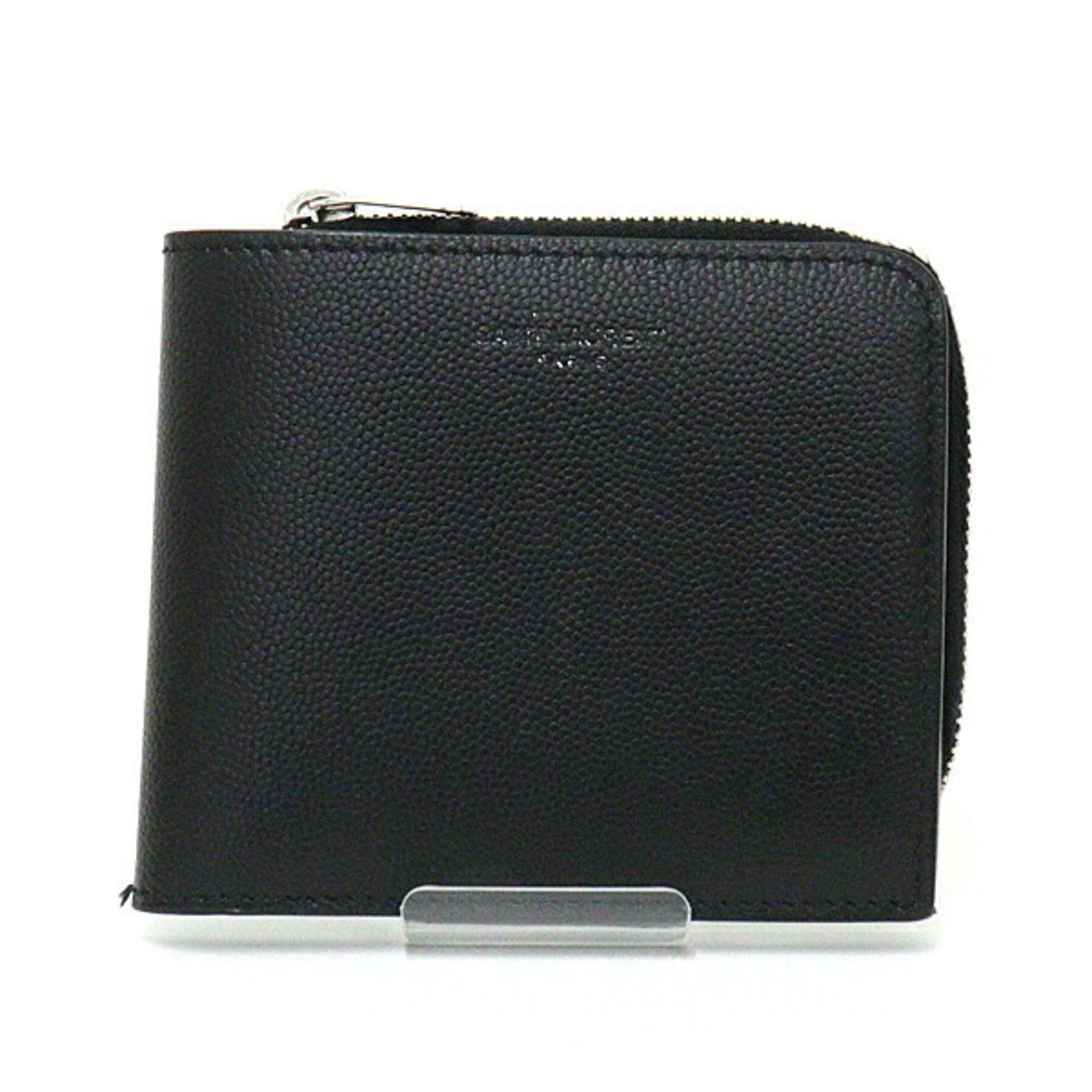 SAINT LAURENT East/West zip wallet grain powder embossed leather bi-fold 556268 black silver metal fittings A rank