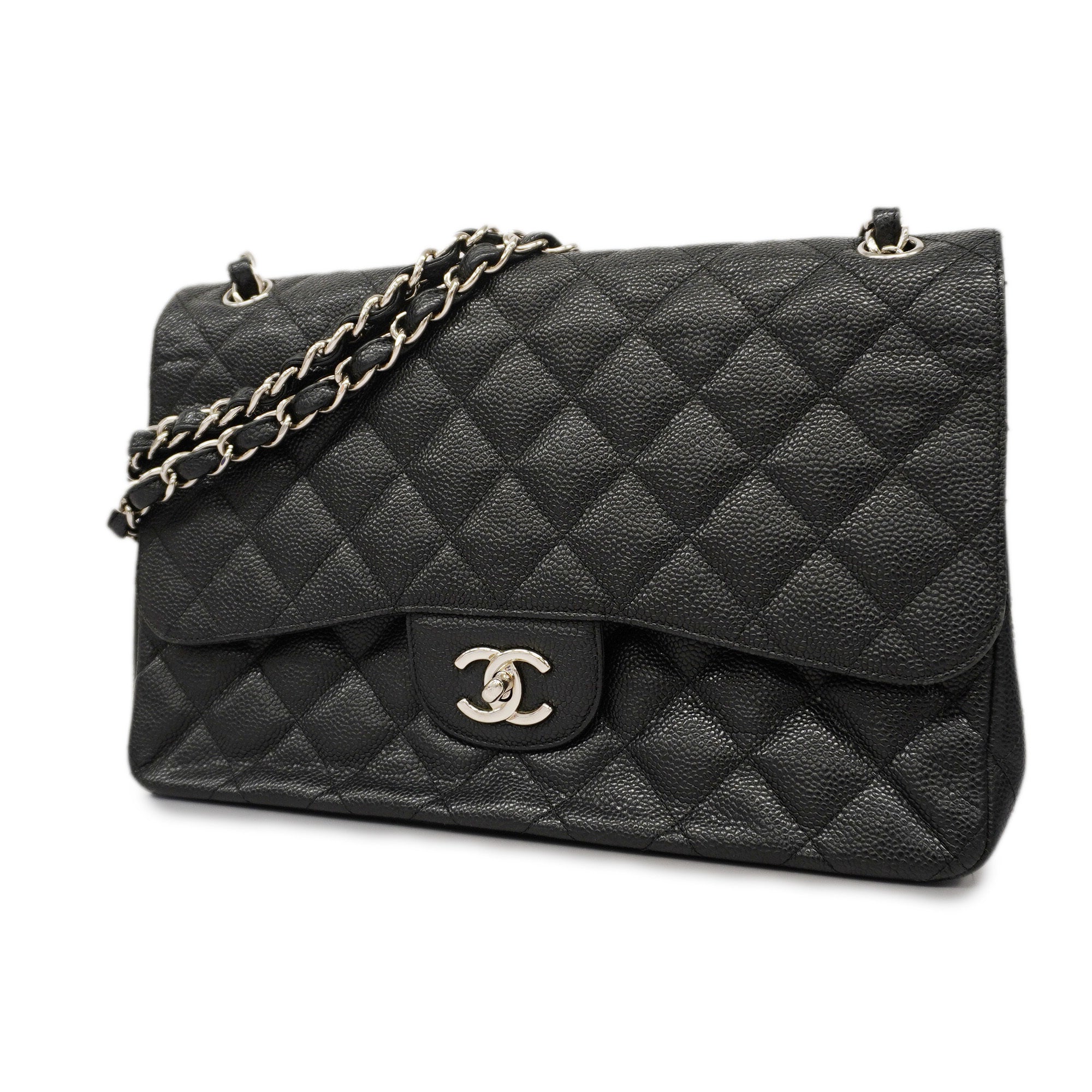 CHANEL  Matelasse W Flap W Chain Women's Caviar Leather Shoulder Bag Black