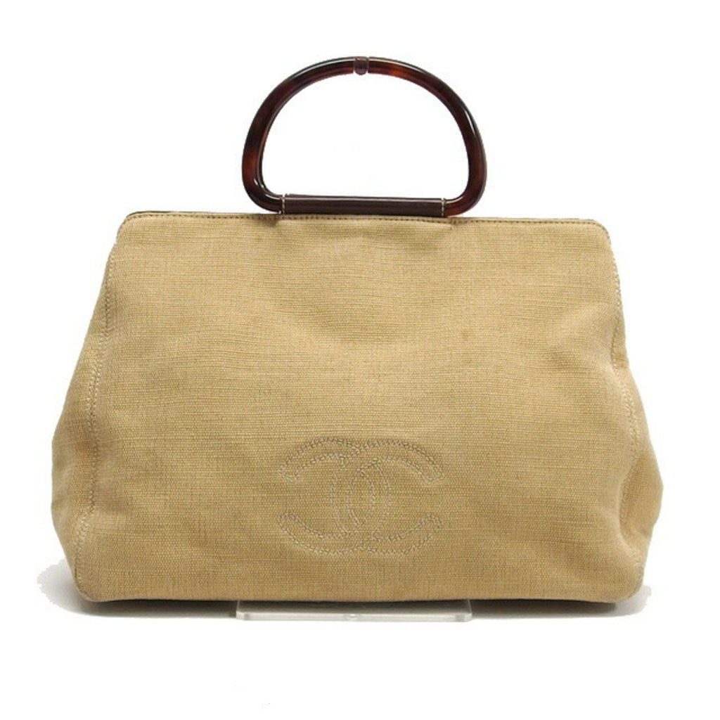 CHANEL Tortoiseshell Handle Canvas Tote Coco Mark Beige