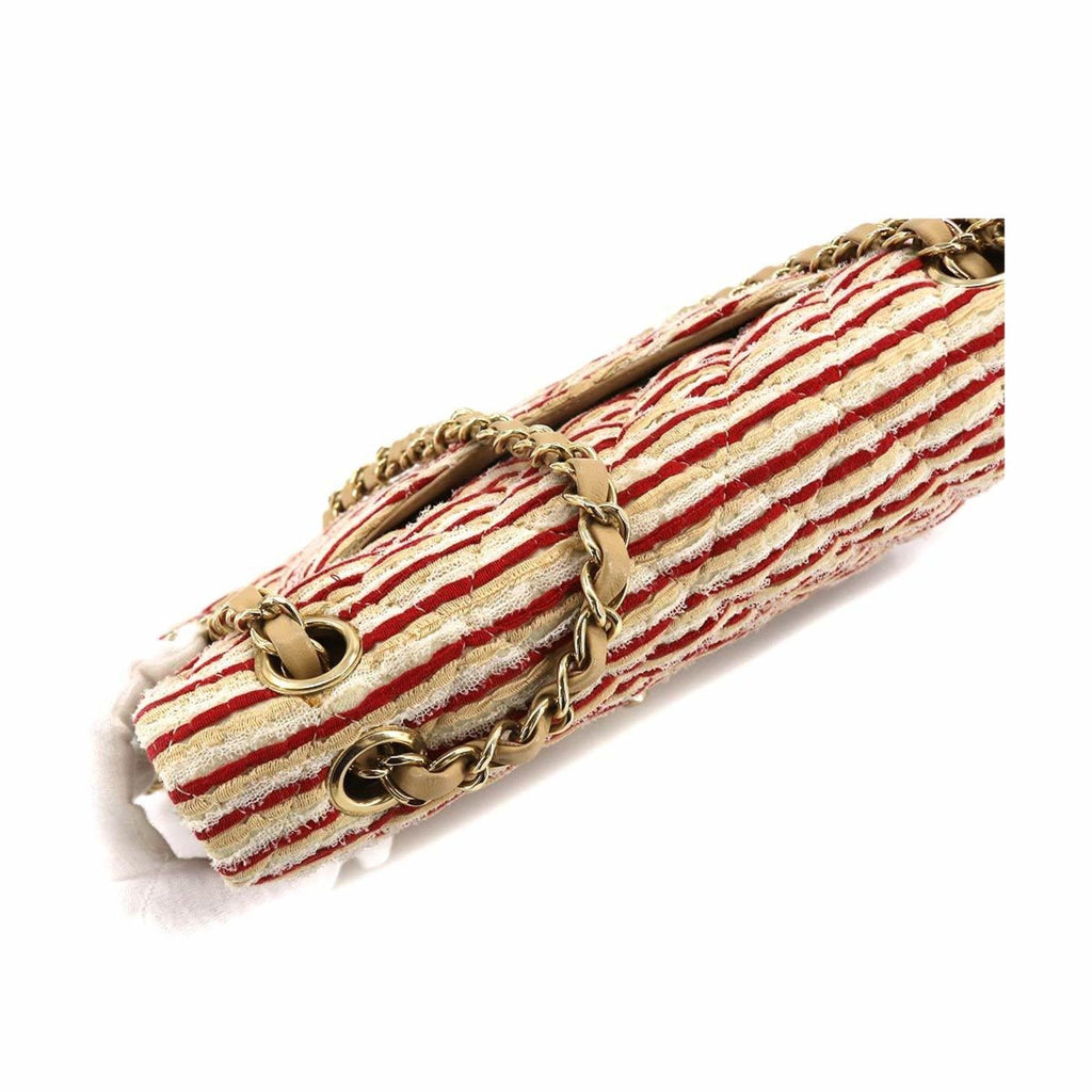 CHANEL Coco Sailor Matelasse Chain Shoulder Bag Pearl Strap Canvas Leather Beige Red Border A90100