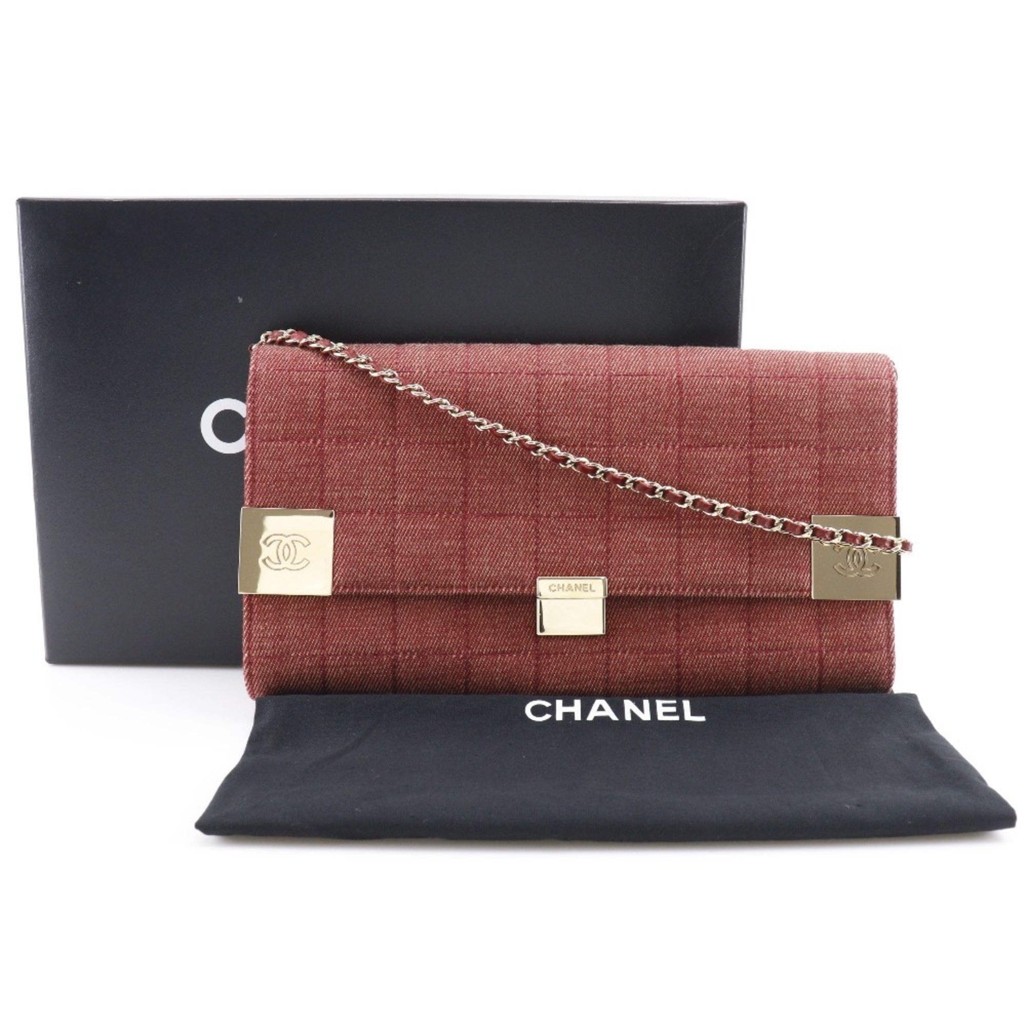 CHANEL chain shoulder chocolate bar line cotton canvas red ladies bag
