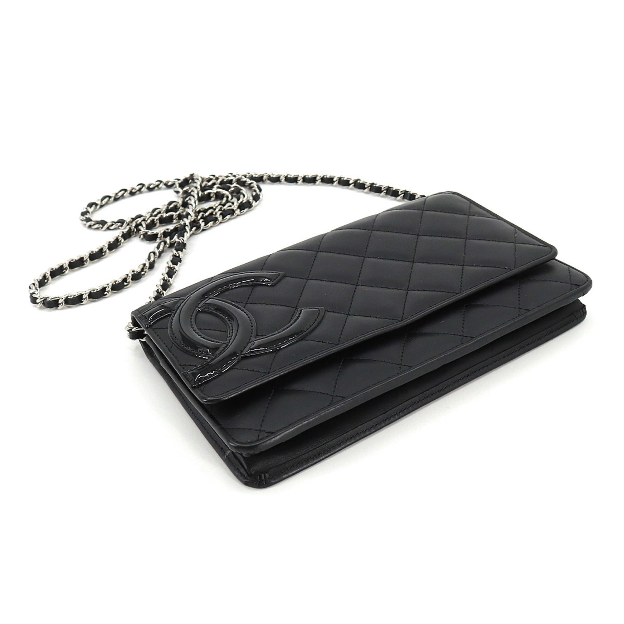 CHANEL cambon line chain wallet folio long leather enamel black silver metal fittings A46646 Cambon Line Chain Wallet