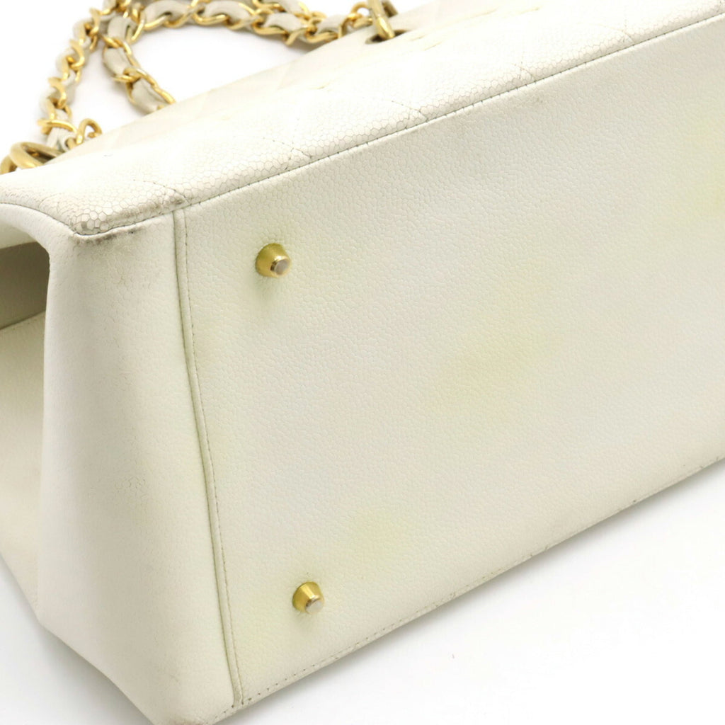 CHANEL Matelasse Coco Mark Chain Bag Tote Handbag Caviar Skin Leather White