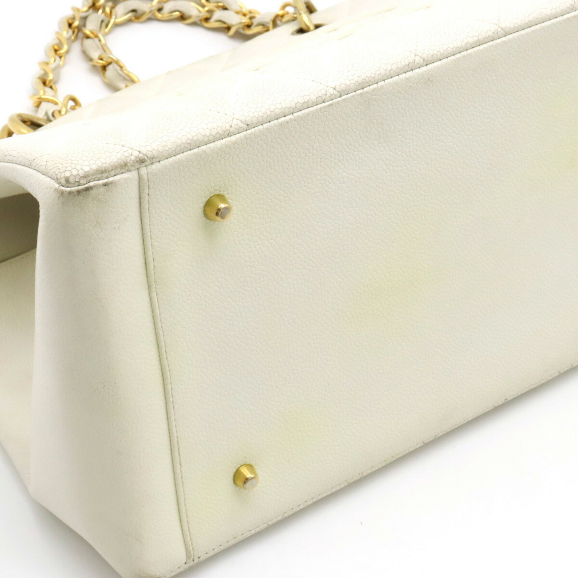 CHANEL Matelasse Coco Mark Chain Bag Tote Handbag Caviar Skin Leather White