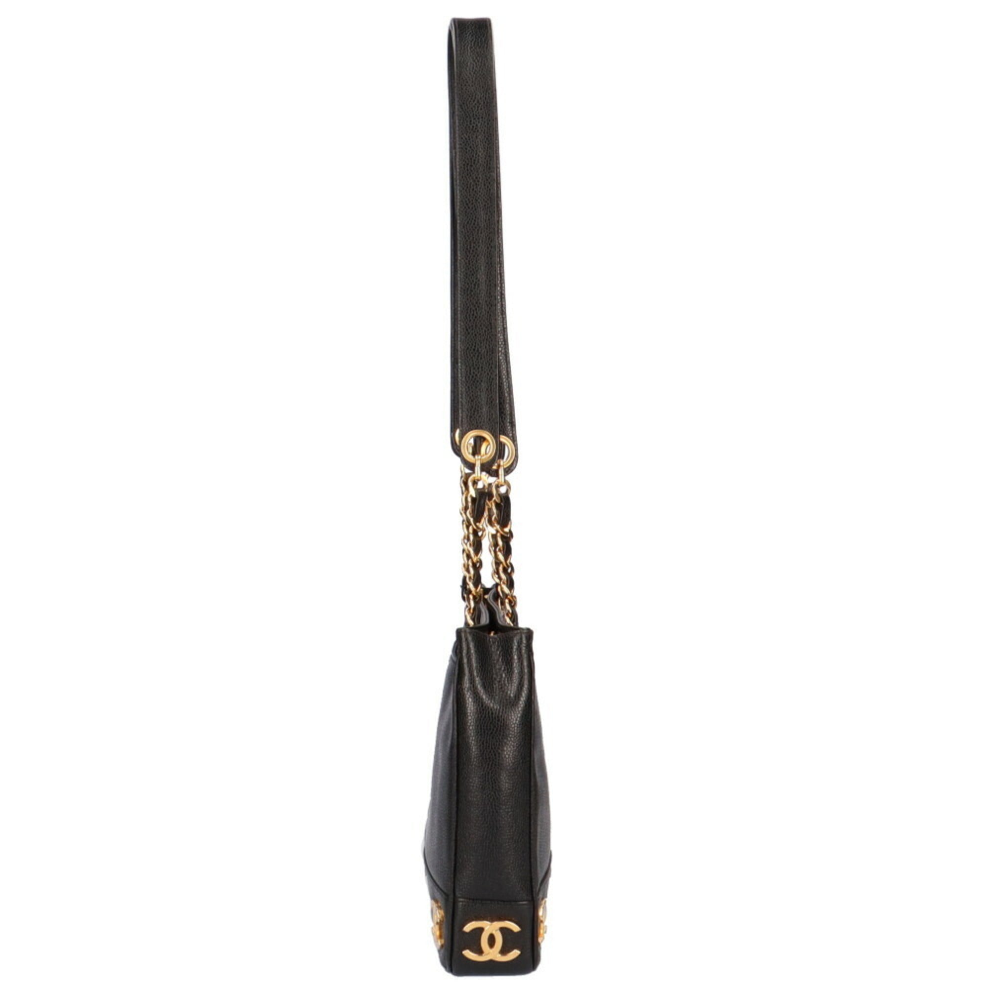 CHANEL Chain Triple Coco Shoulder Bag Caviar Skin Black Women's