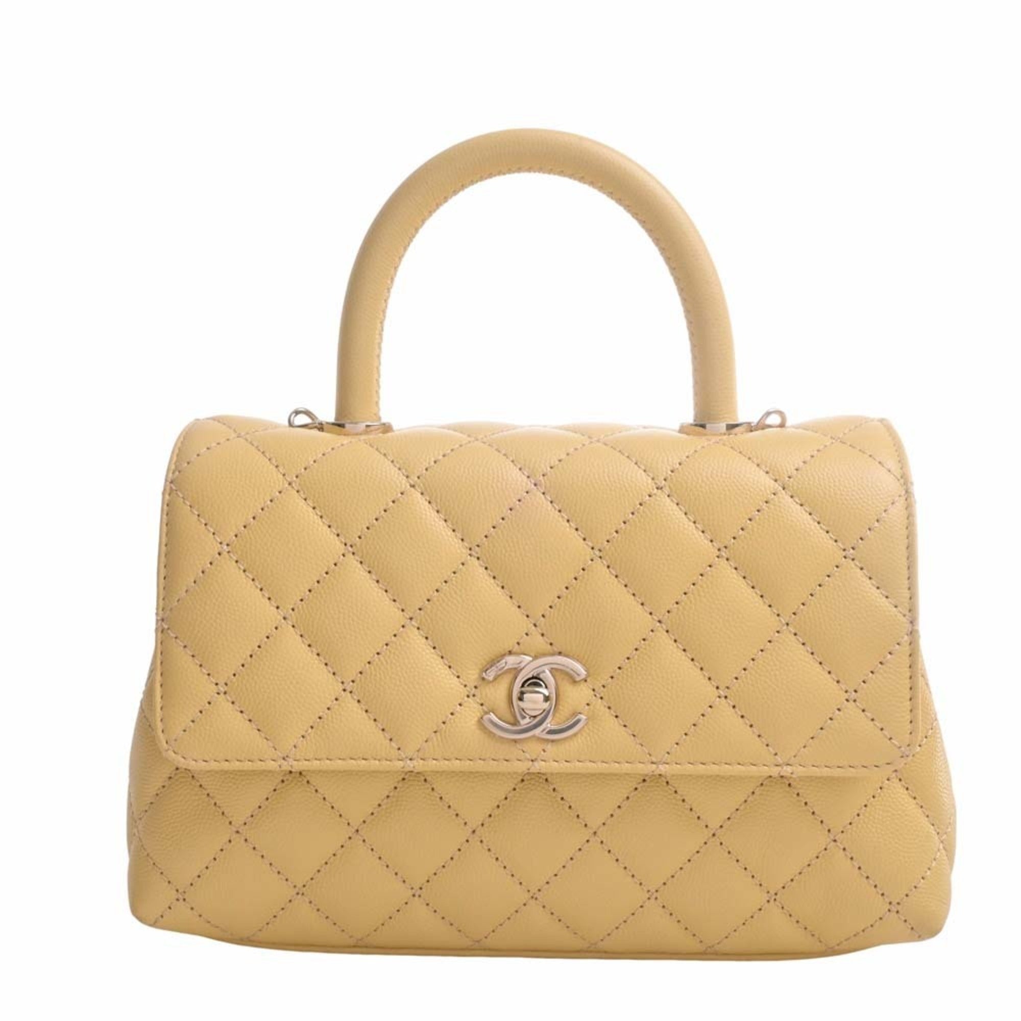 CHANEL Caviar Skin Matelasse Coco Mark Chain Shoulder Bag Yellow Ladies