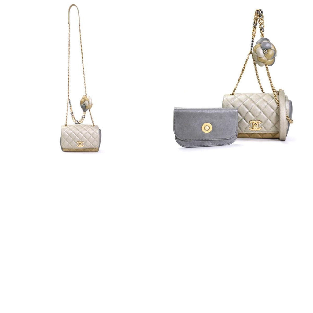 CHANEL Diagonal Shoulder Bag Matelasse Camellia Leather/Metal Greige/Gold/Gray Women's e55934a