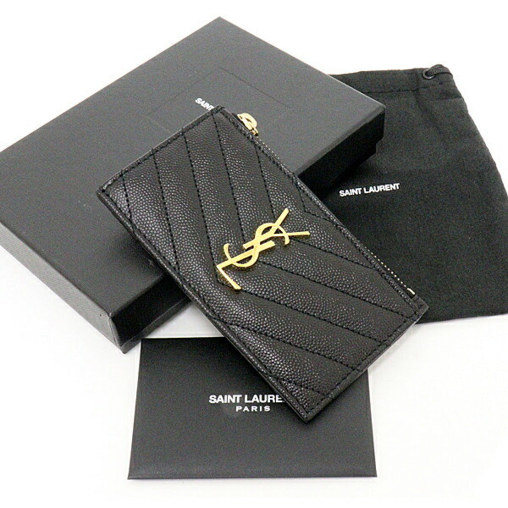 SAINT LAURENT Monogram Fragment Zip Card Case Coin Grain de Poudre Embossed Leather 607915 Black Gold Hardware