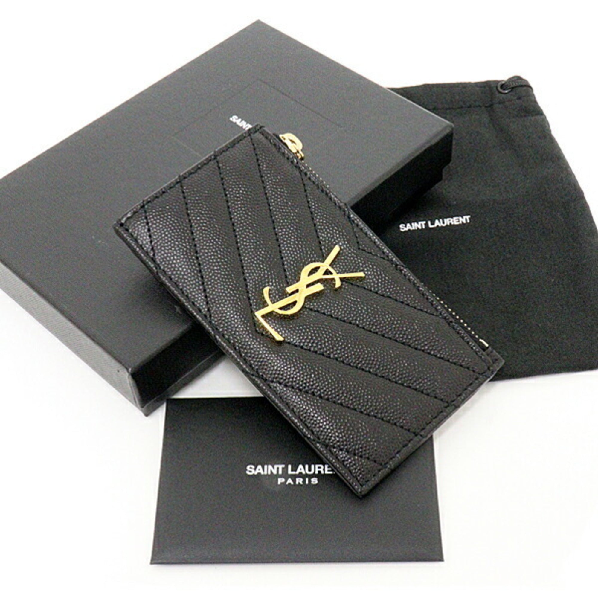SAINT LAURENT Monogram Fragment Zip Card Case Coin Grain de Poudre Embossed Leather 607915 Black Gold Hardware