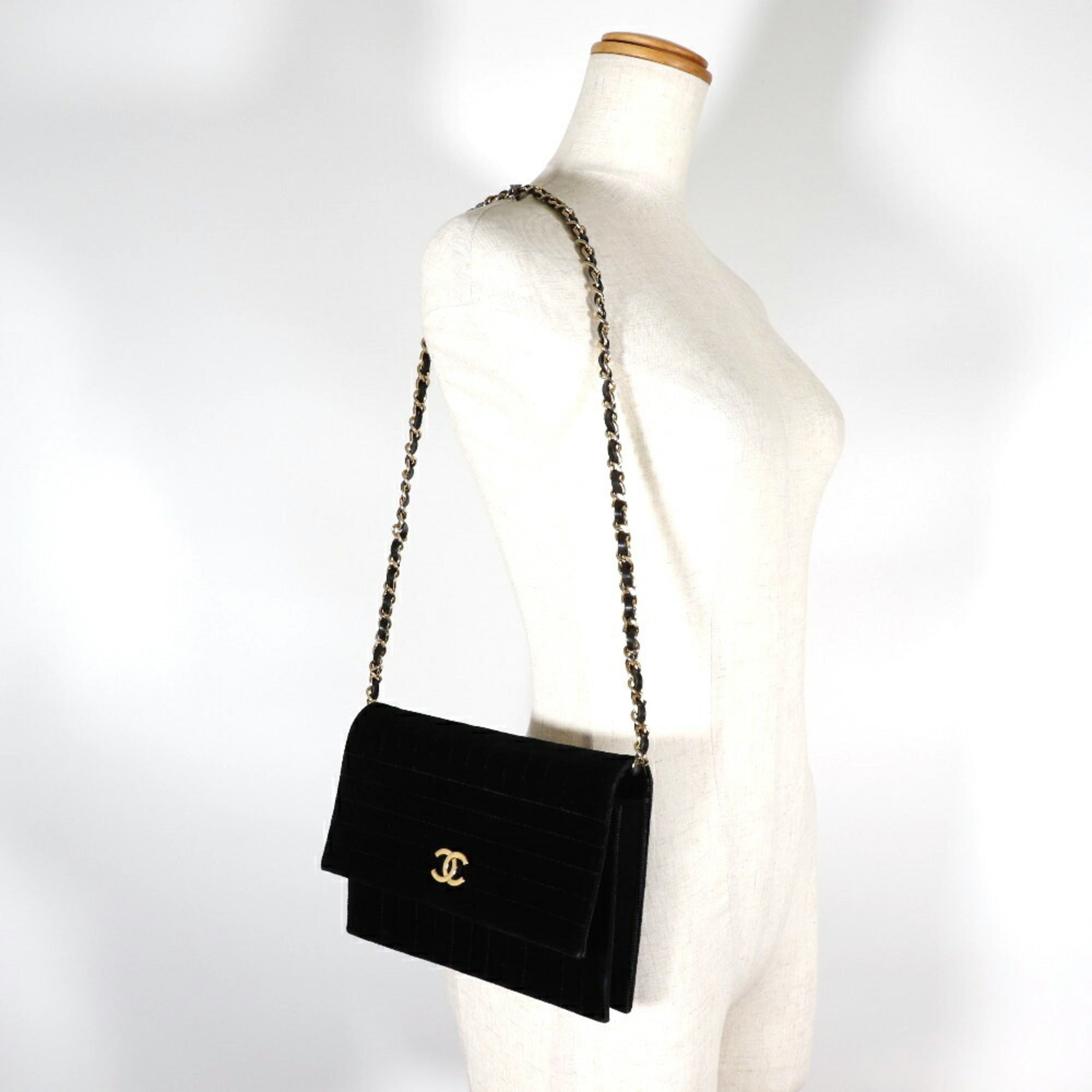 CHANEL Chain Shoulder Bag Mademoiselle Coco Mark Velor Black/Gold Hardware Women's