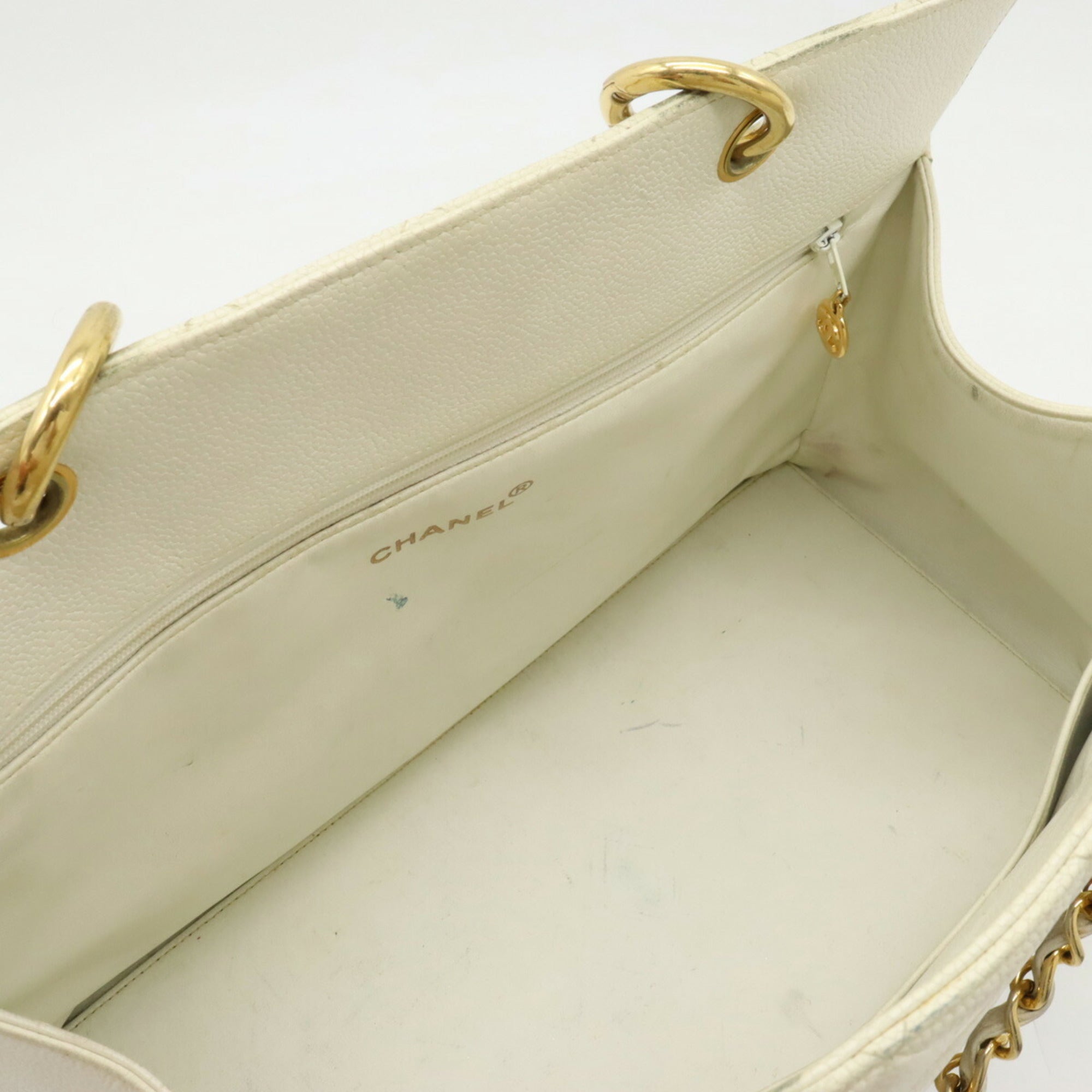 CHANEL Matelasse Coco Mark Chain Bag Tote Handbag Caviar Skin Leather White