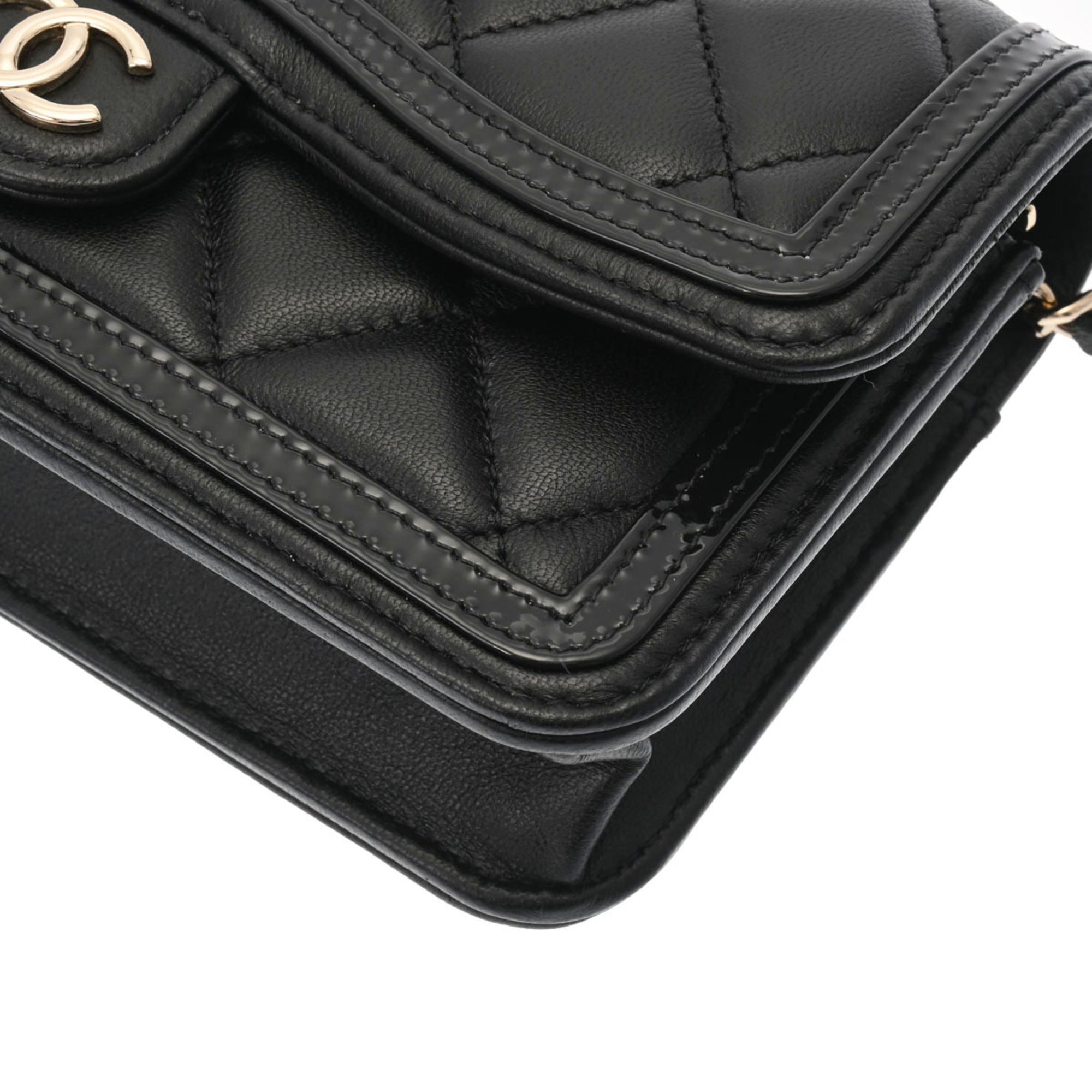 CHANEL Matelasse Phone Case Black AP3559 Ladies Lambskin Enamel Shoulder Bag
