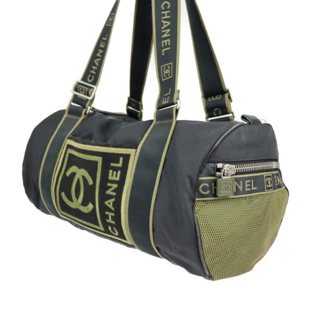 CHANEL Sport Line Boston Bag Nylon Canvas Black Khaki Green Shoulder Travel Cocomark 10 Series Round Cylindrical