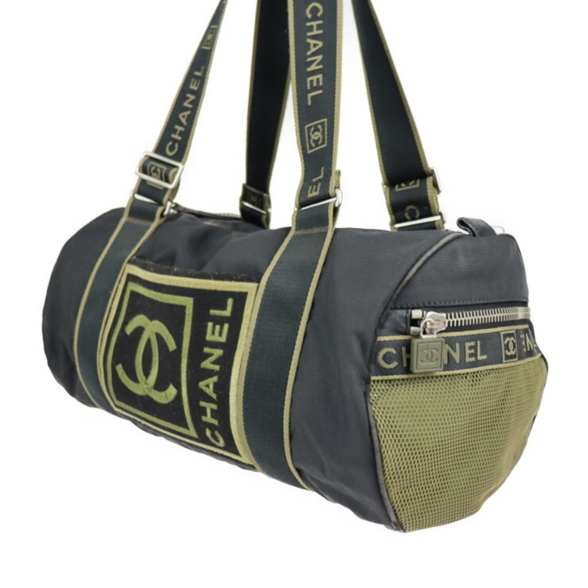 CHANEL Sport Line Boston Bag Nylon Canvas Black Khaki Green Shoulder Travel Cocomark 10 Series Round Cylindrical