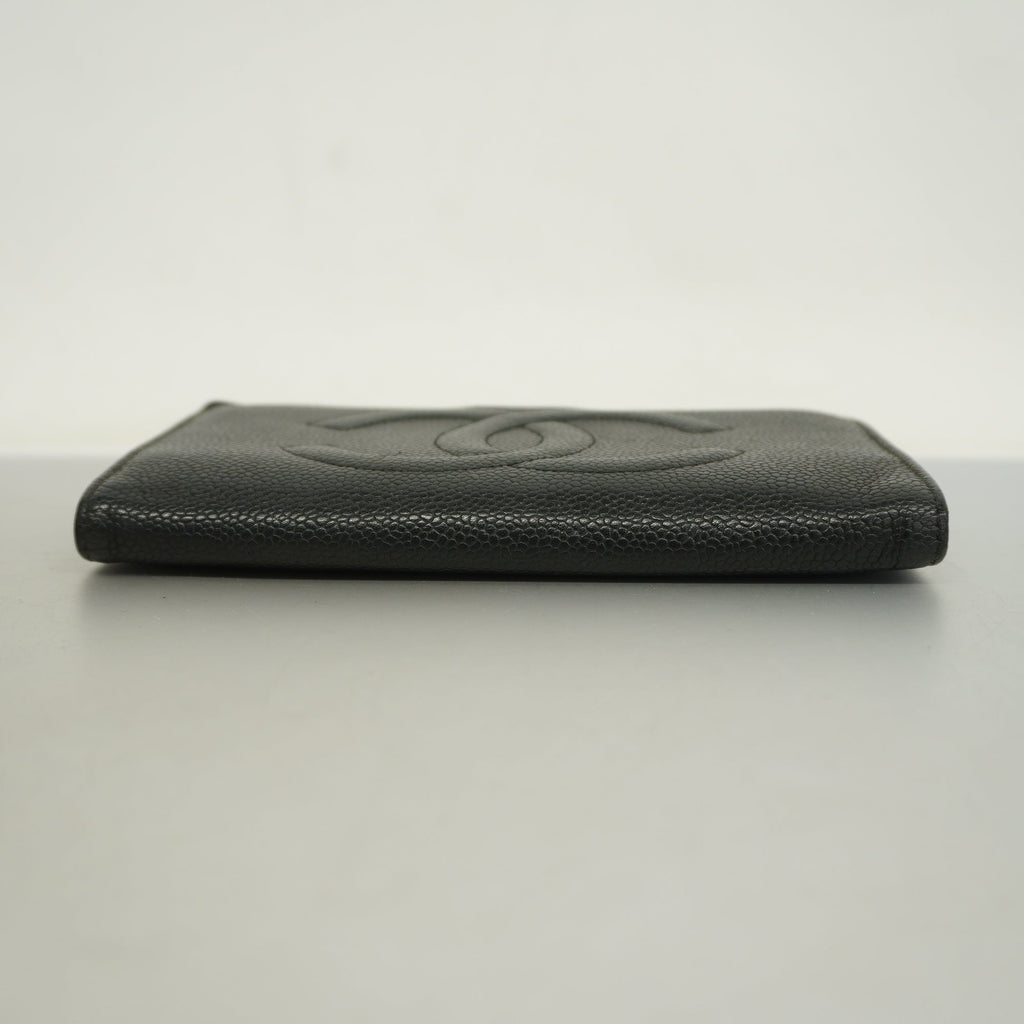 CHANEL[3cc2399]   long wallet caviar skin black gold metal